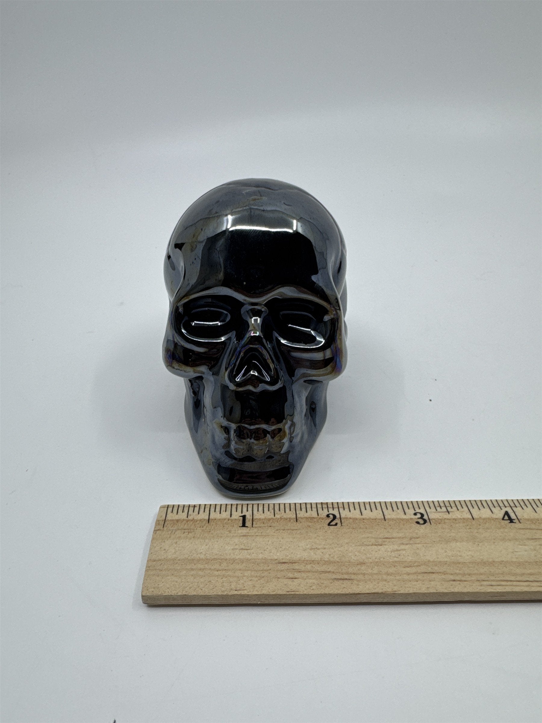 Set of Two Blue Shiny Ceramic Halloween Decor Skulls