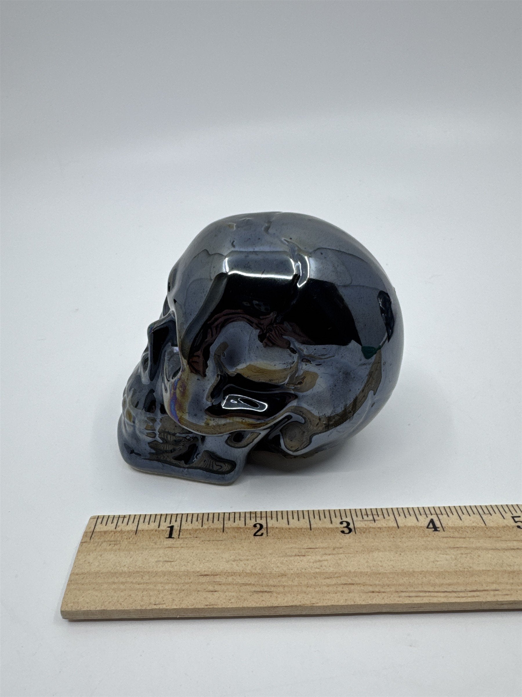 Set of Two Blue Shiny Ceramic Halloween Decor Skulls