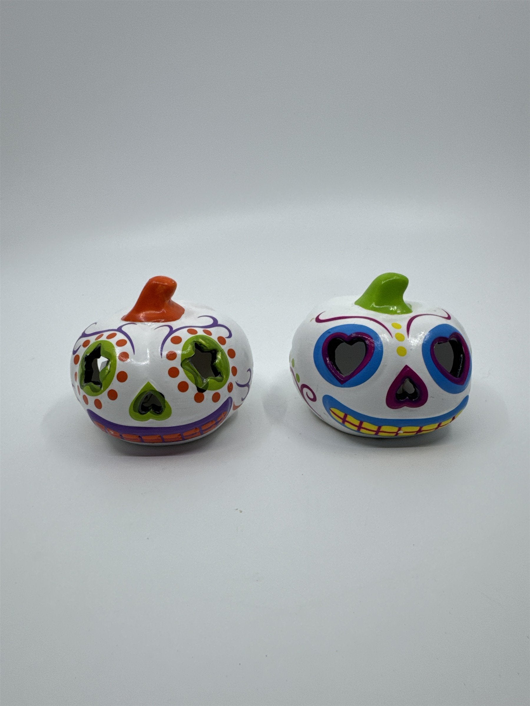 Set Of Two Halloween Day Of The Dead Light Up Sugar Skull Pumpkins