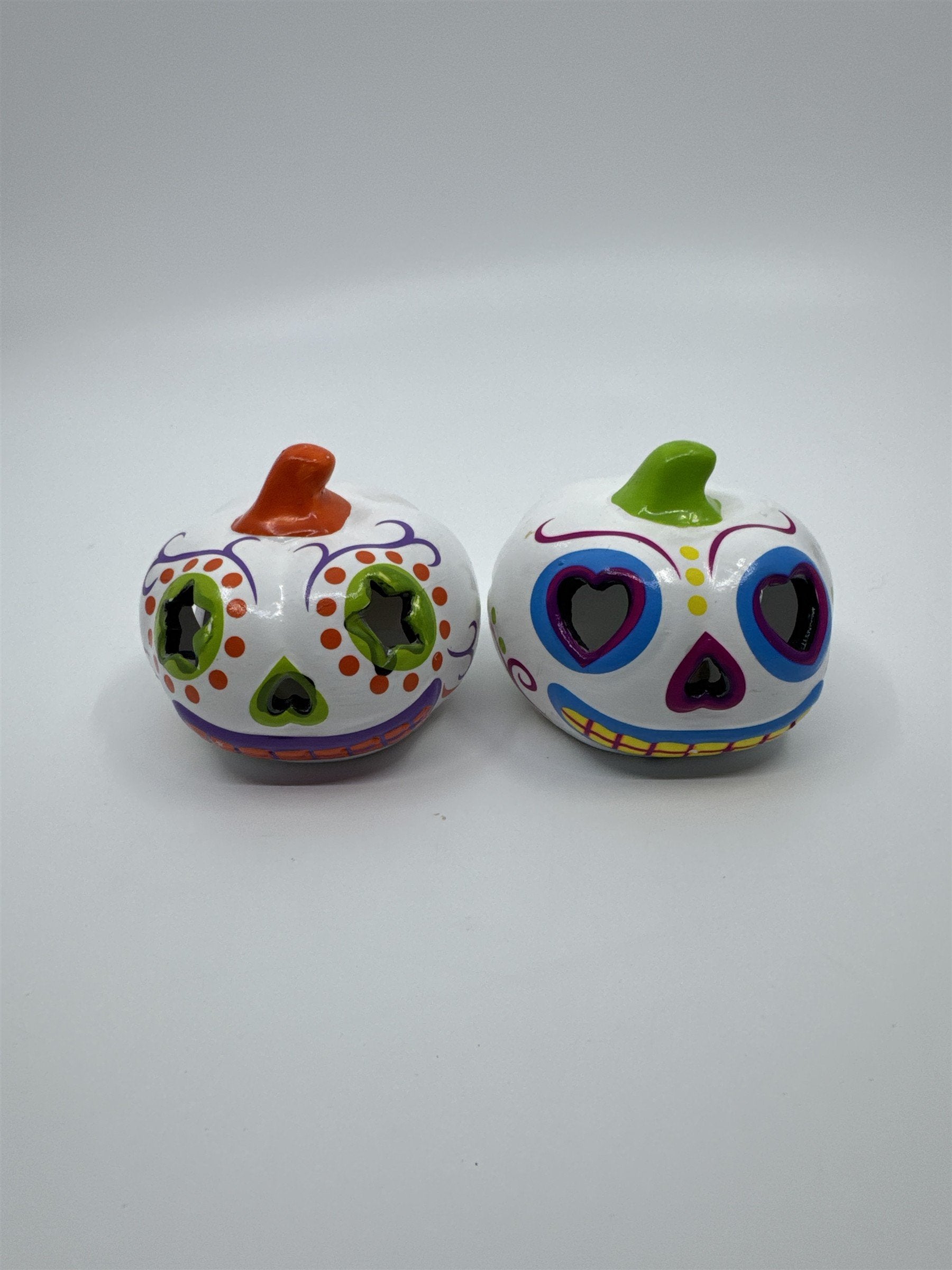 Set Of Two Halloween Day Of The Dead Light Up Sugar Skull Pumpkins