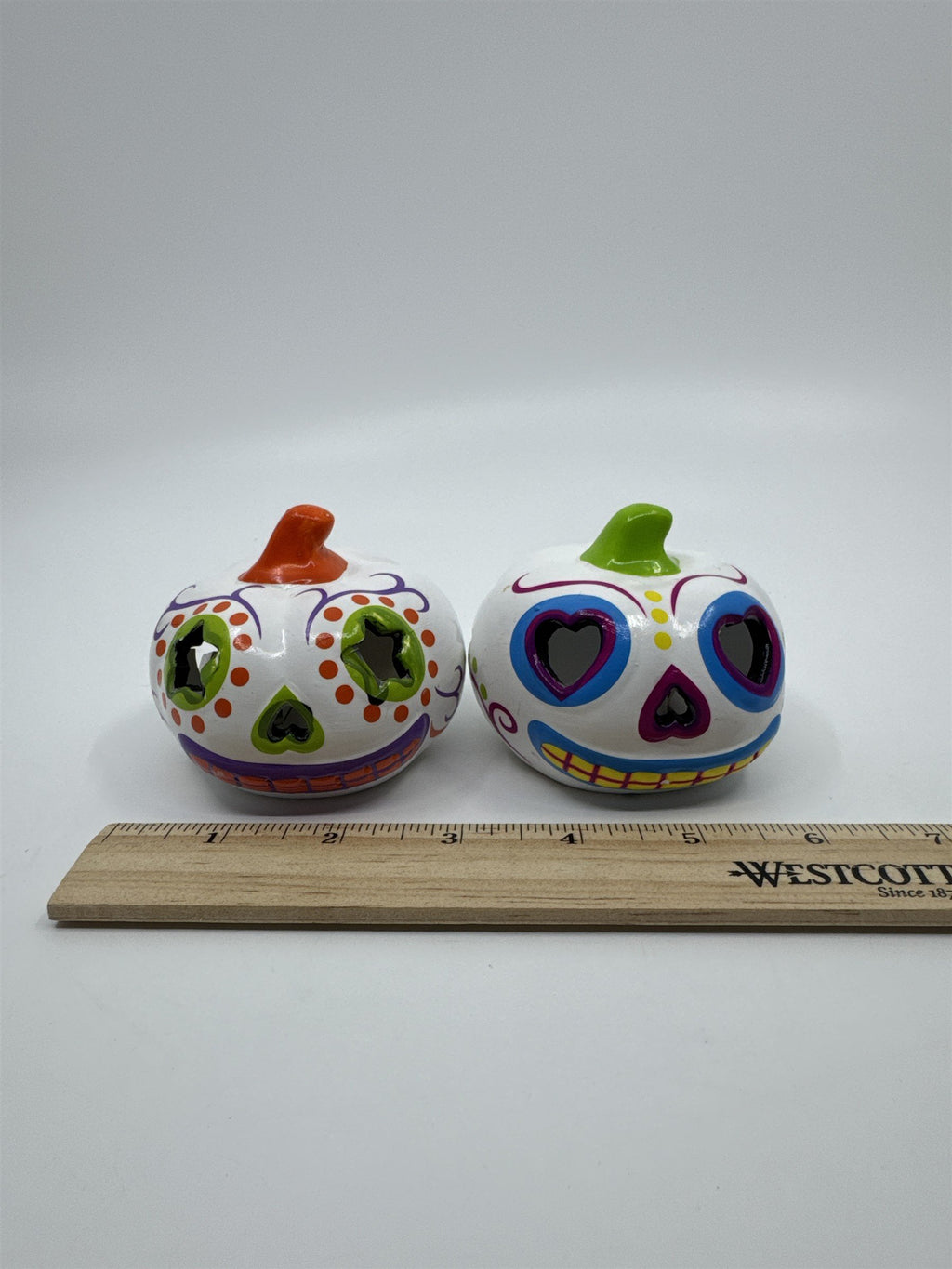 Set Of Two Halloween Day Of The Dead Light Up Sugar Skull Pumpkins