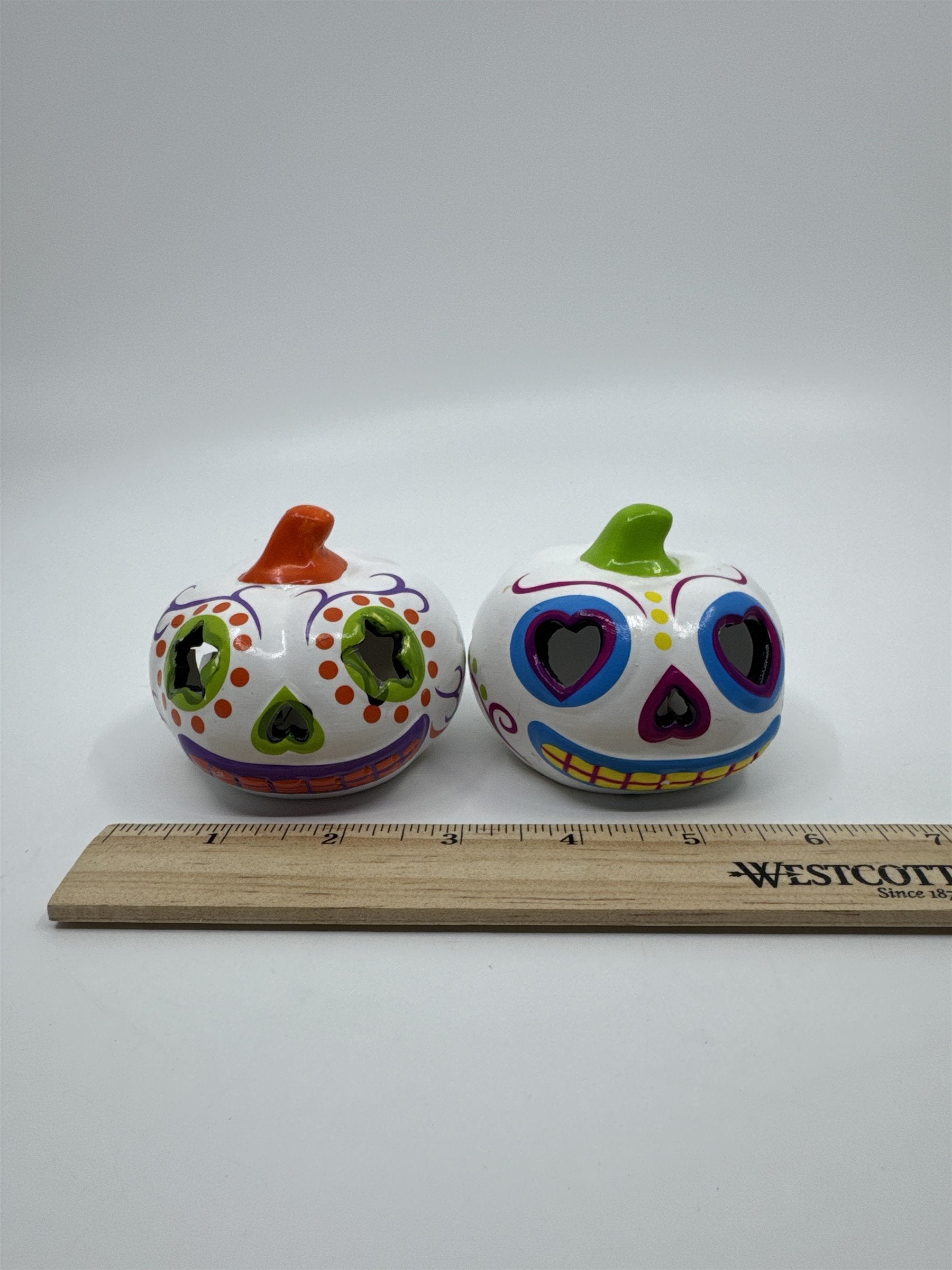 Set Of Two Halloween Day Of The Dead Light Up Sugar Skull Pumpkins
