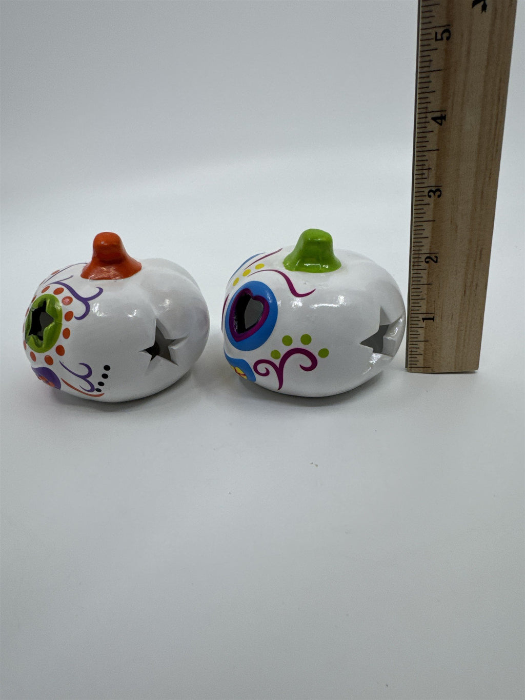 Set Of Two Halloween Day Of The Dead Light Up Sugar Skull Pumpkins