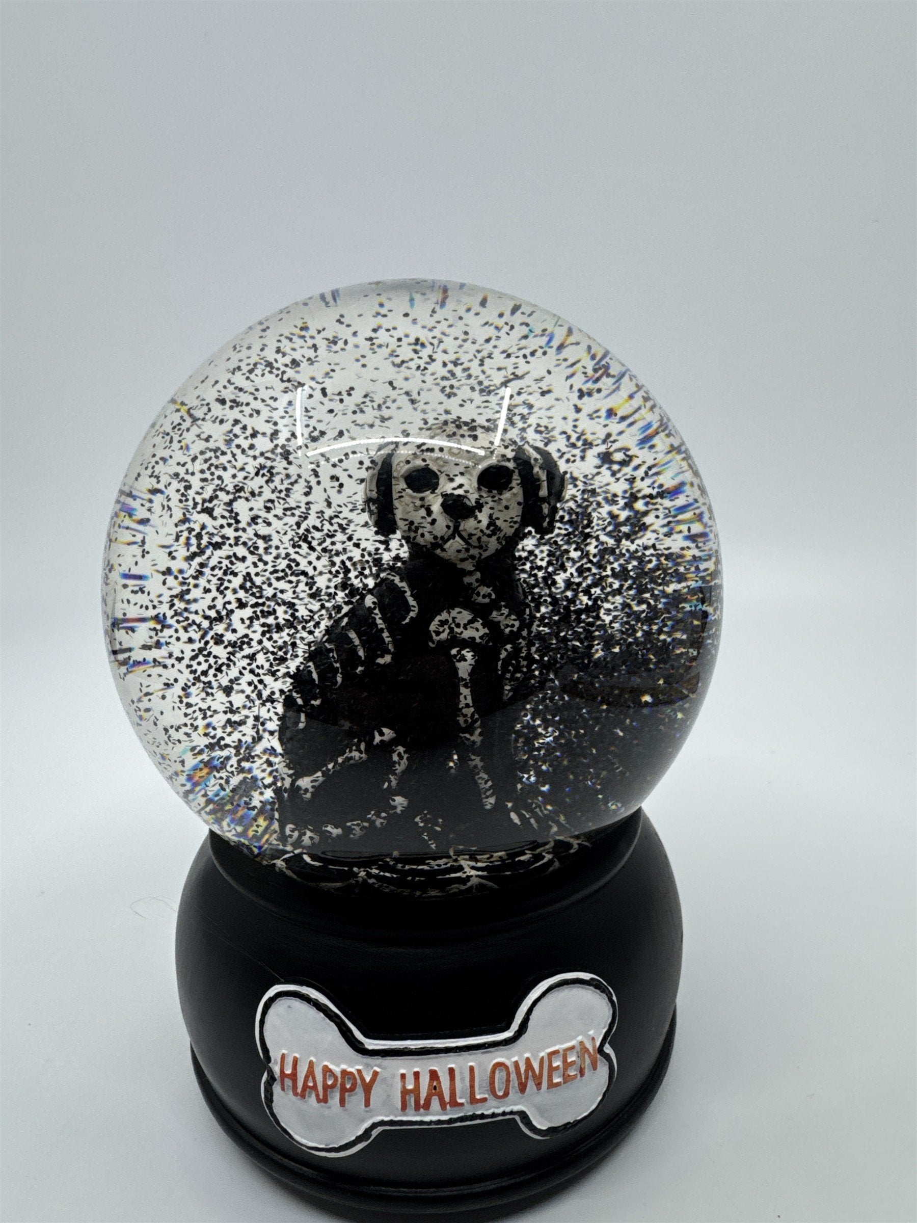 Happy Halloween Skeleton Dog Black And White Snowglobe