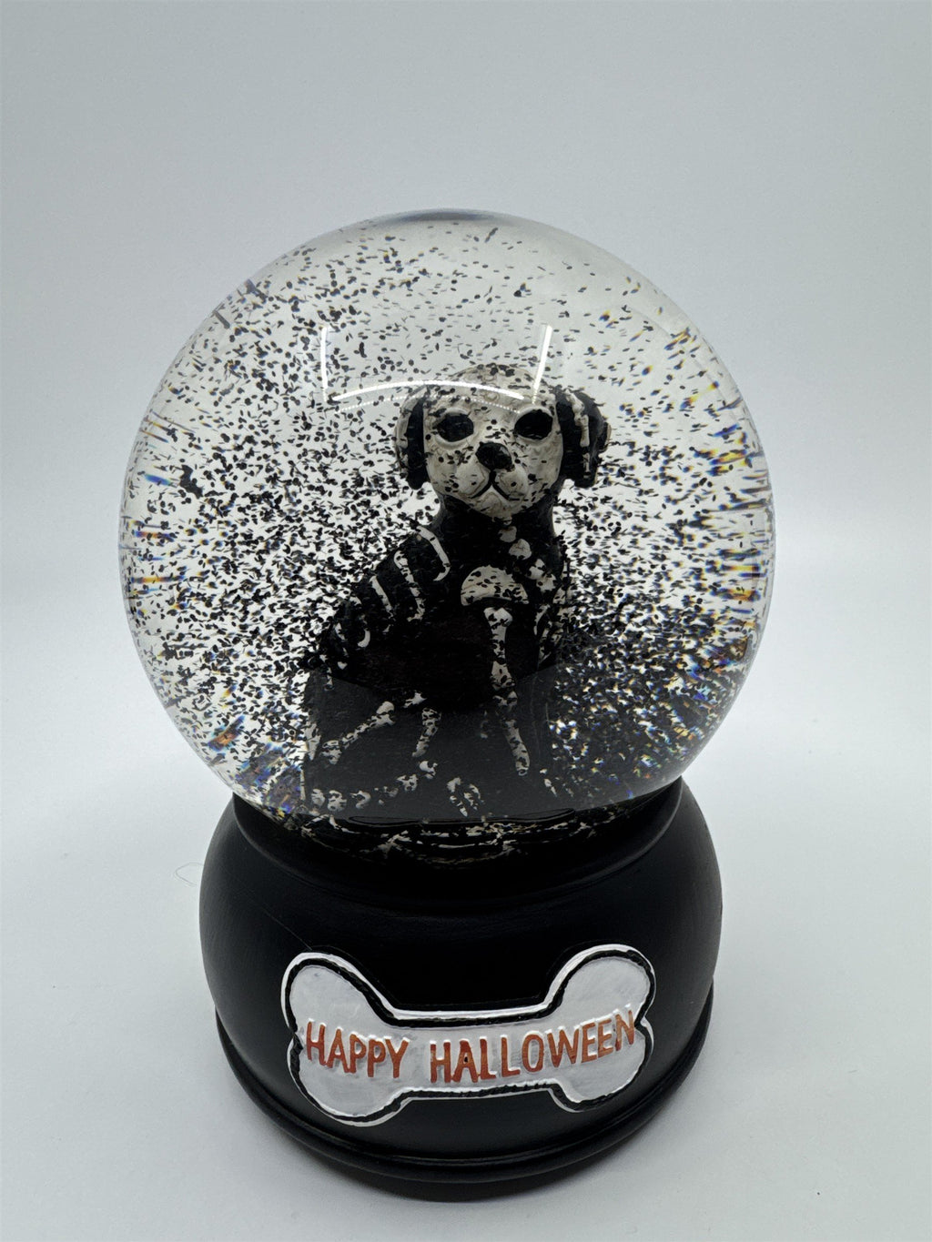 Happy Halloween Skeleton Dog Black And White Snowglobe