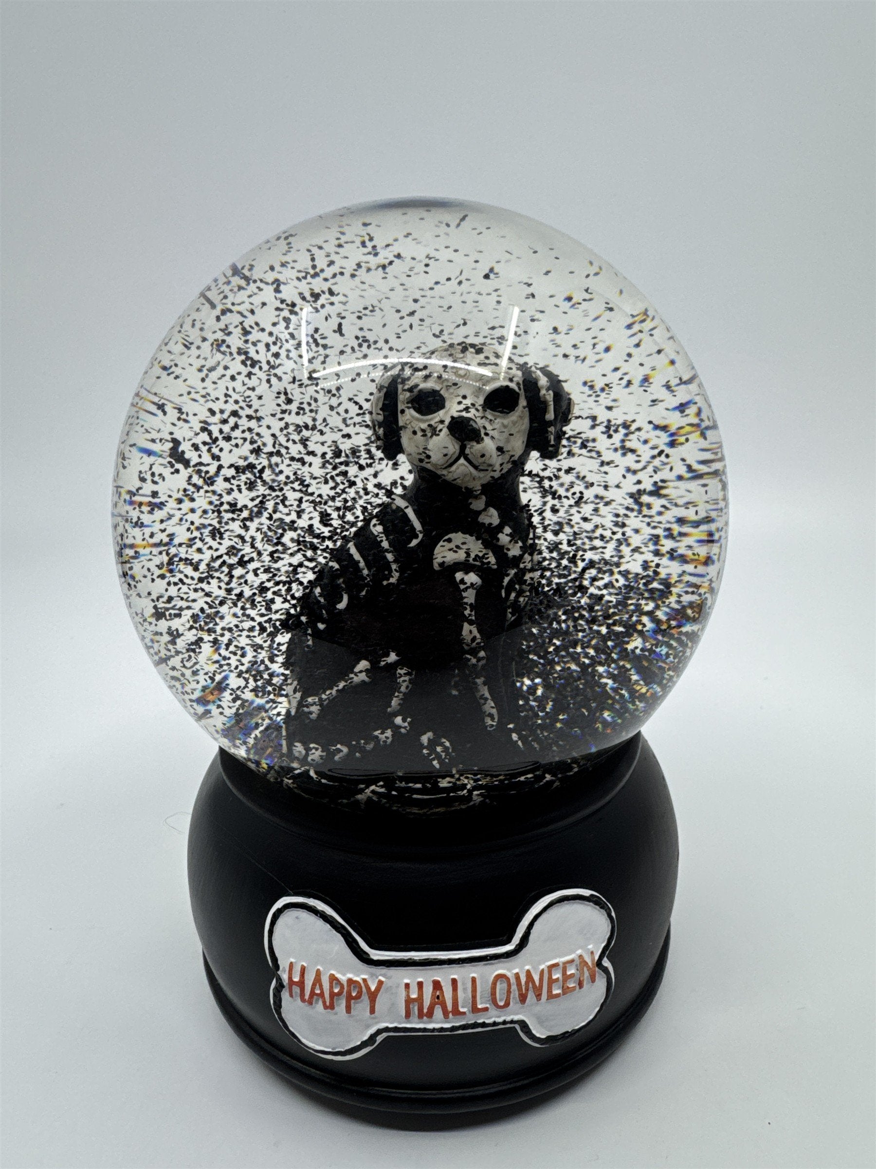 Happy Halloween Skeleton Dog Black And White Snowglobe