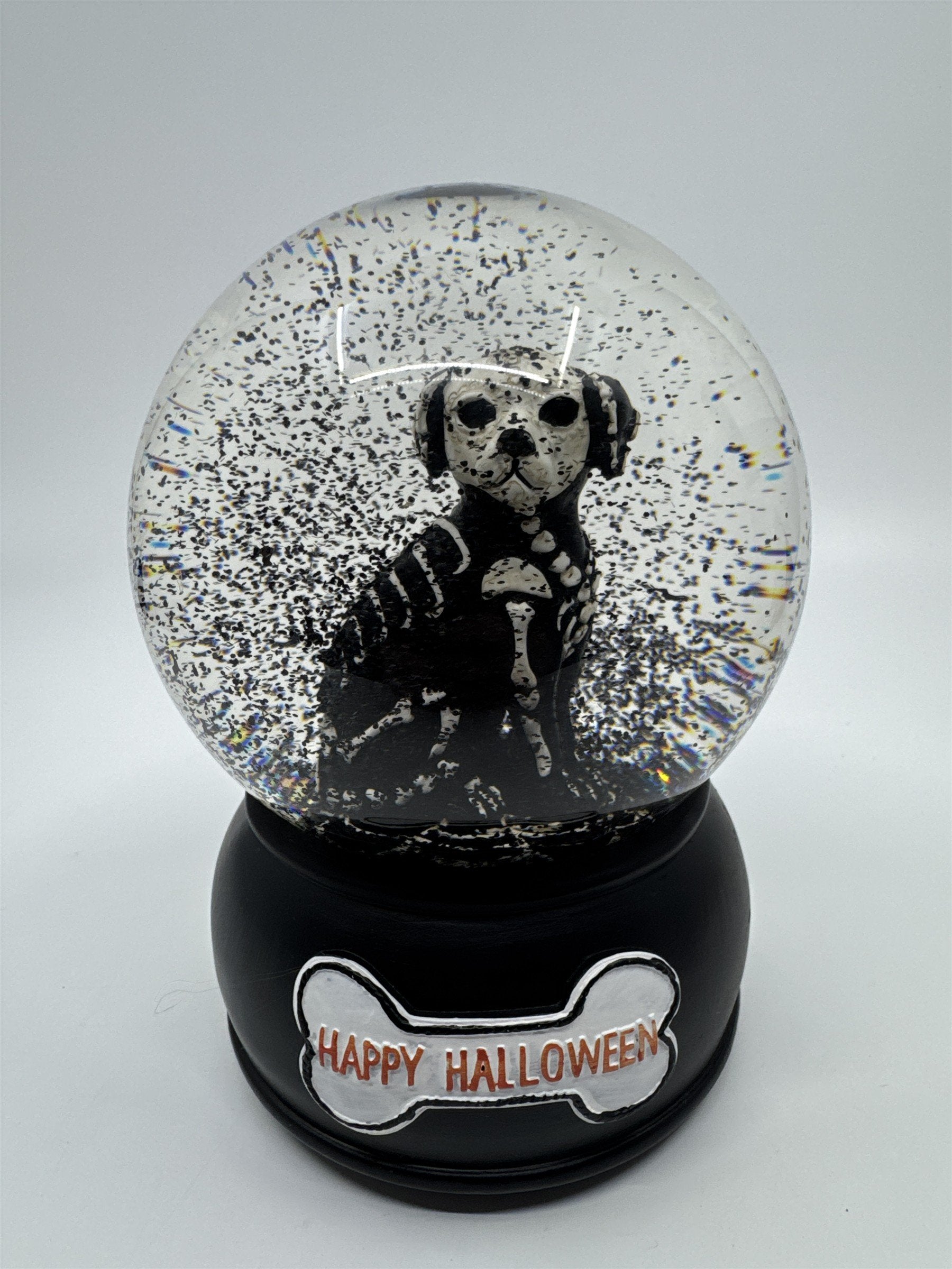 Happy Halloween Skeleton Dog Black And White Snowglobe