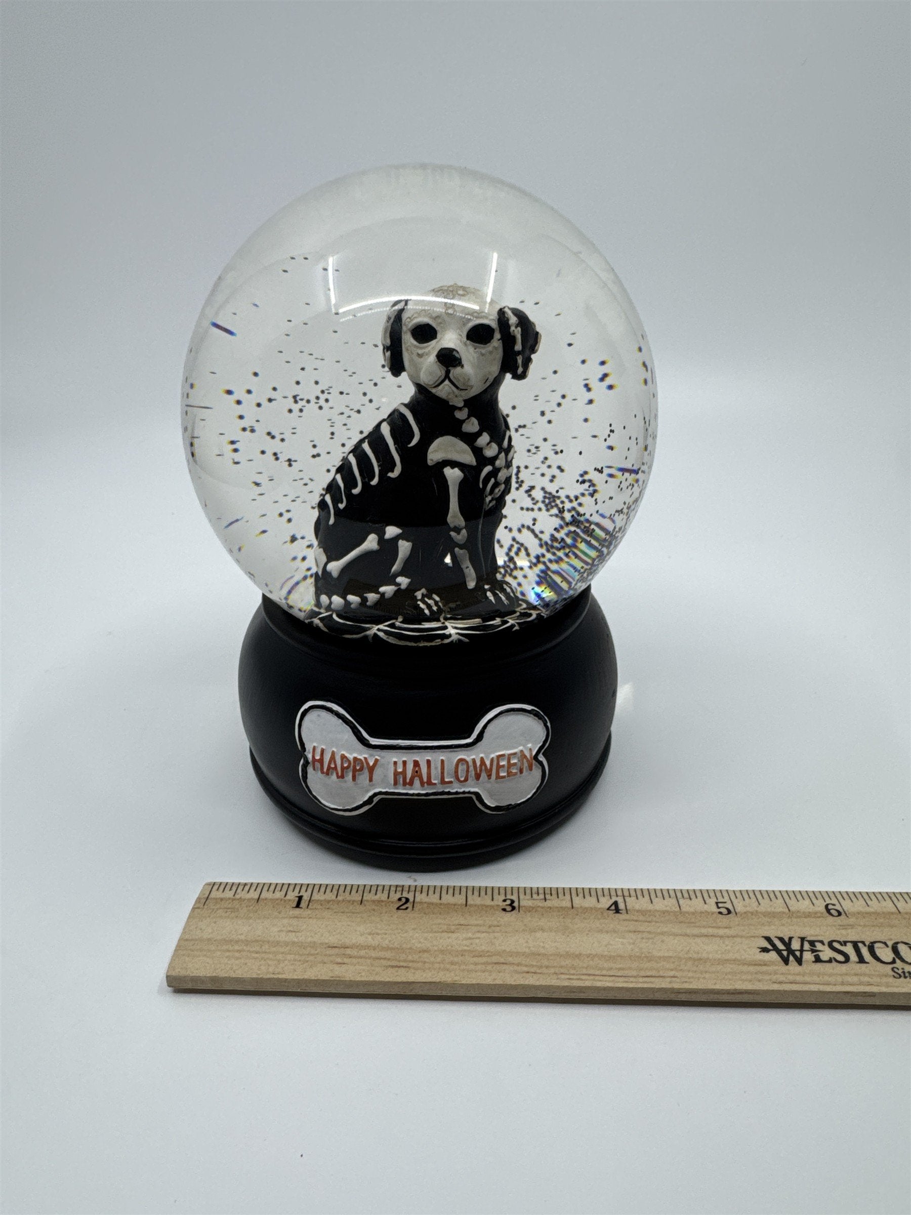 Happy Halloween Skeleton Dog Black And White Snowglobe