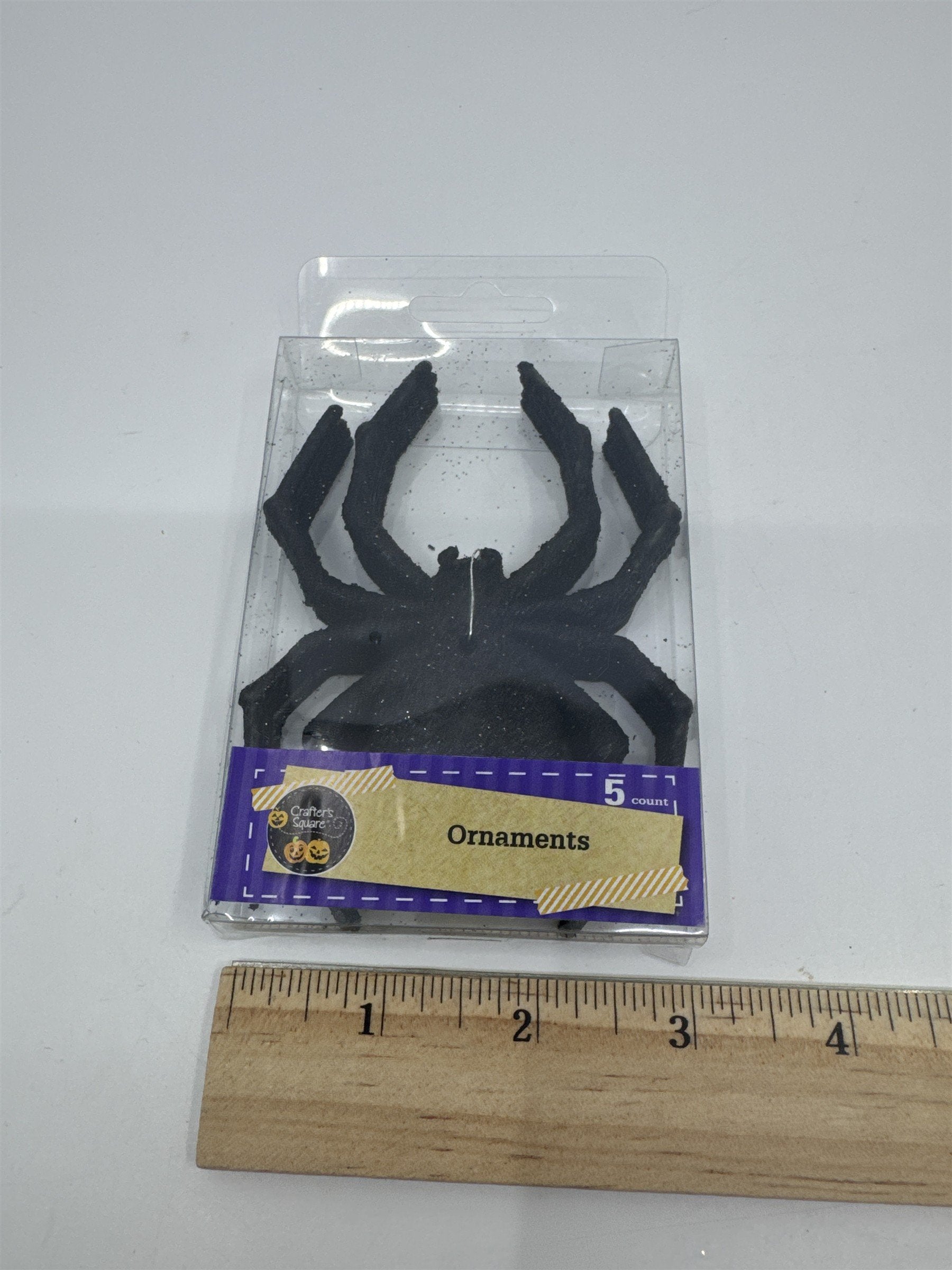 Set of Five Decorative Black Glittery Spider Halloween Ornaments New In Box