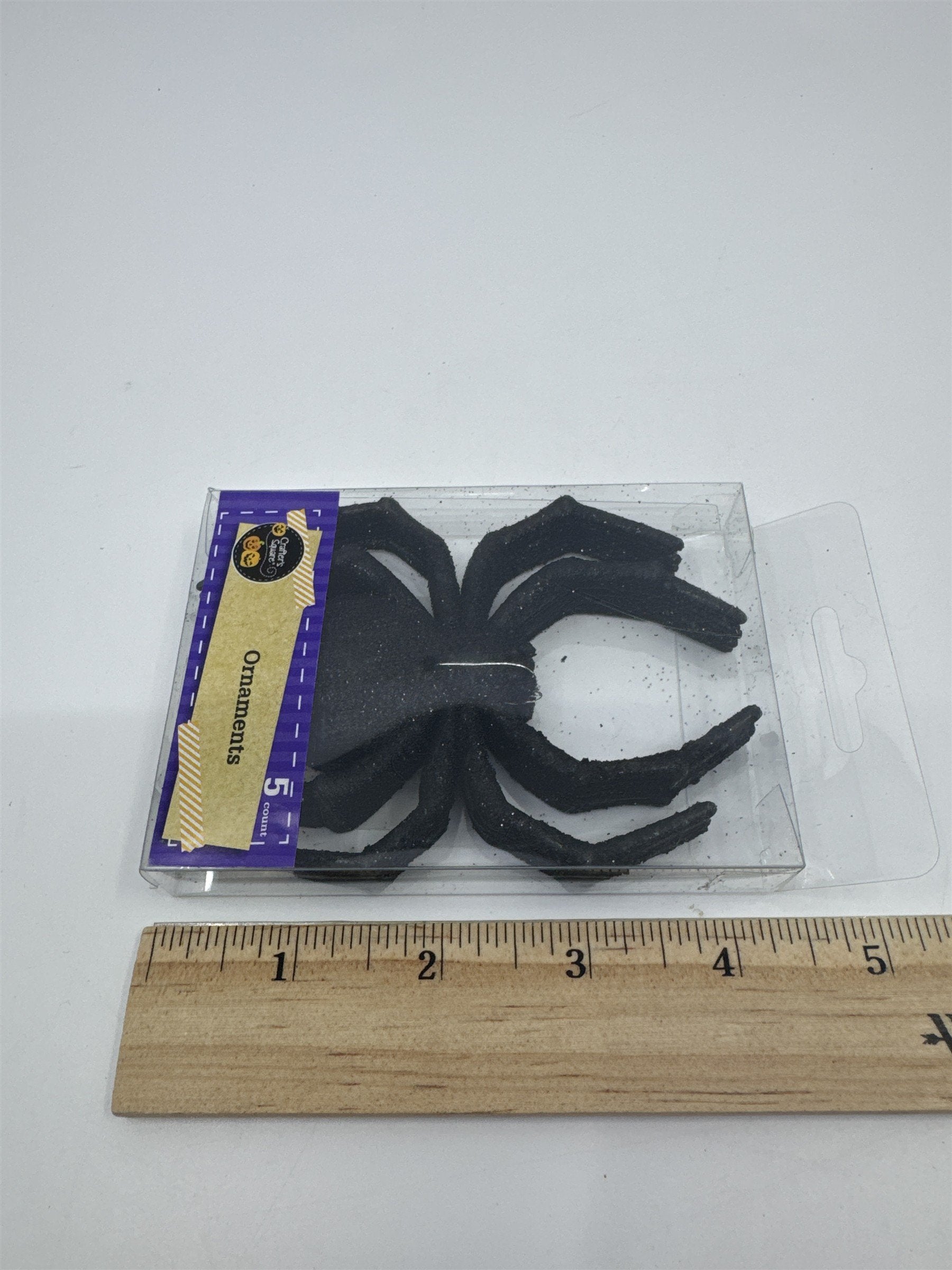 Set of Five Decorative Black Glittery Spider Halloween Ornaments New In Box