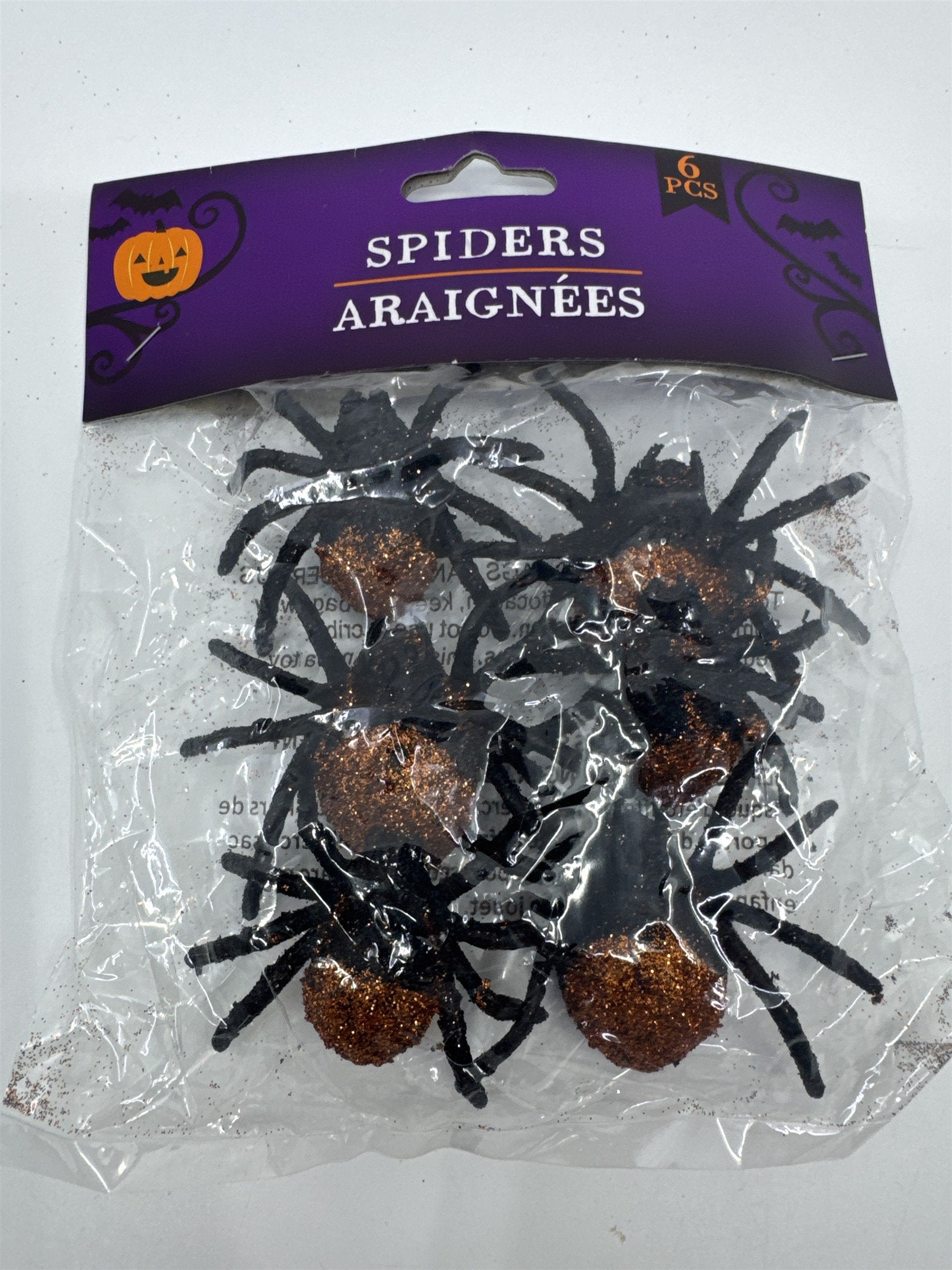 Set of Six Decorative Black And Orange Glittery Halloween Spiders New In Plastic