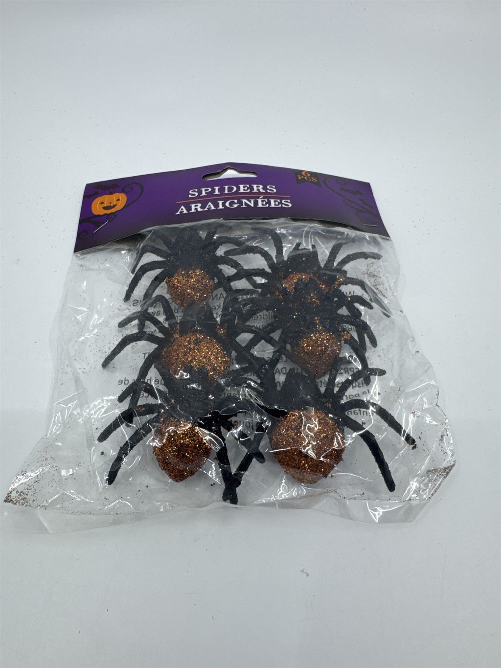 Set of Six Decorative Black And Orange Glittery Halloween Spiders New In Plastic