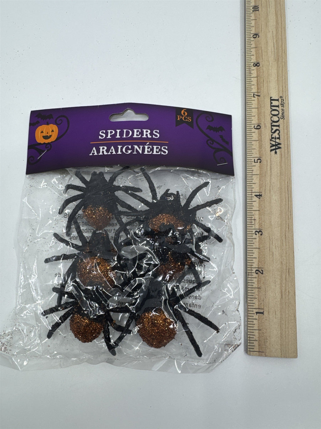 Set of Six Decorative Black And Orange Glittery Halloween Spiders New In Plastic
