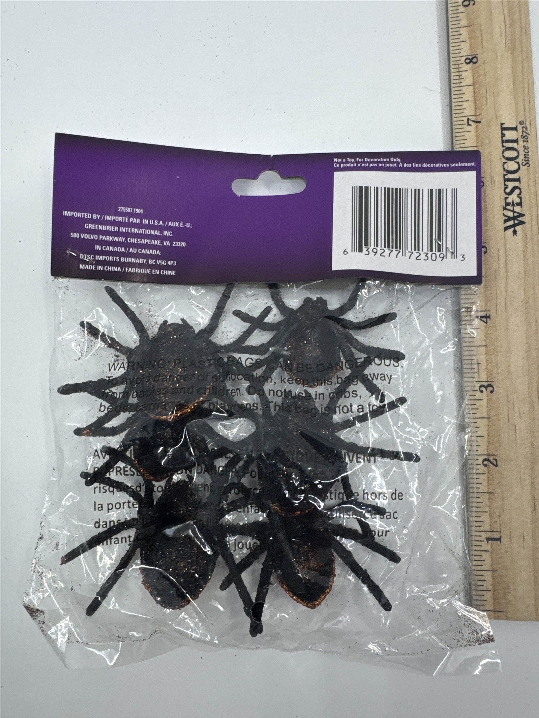 Set of Six Decorative Black And Orange Glittery Halloween Spiders New In Plastic