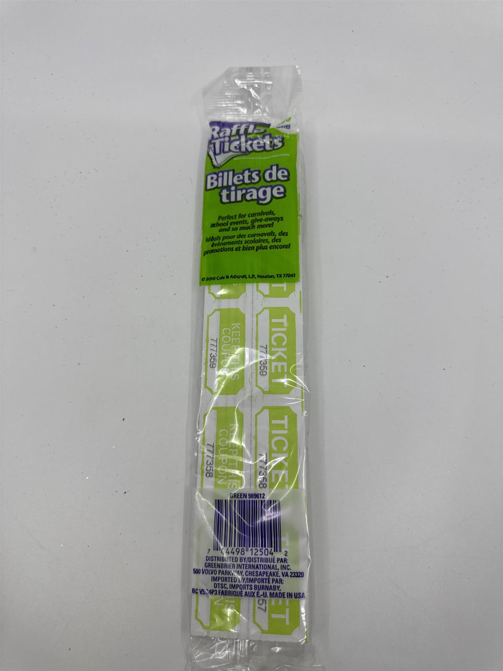 Set Of 250 Raffle Tickets Lime Green Colored New In Plastic