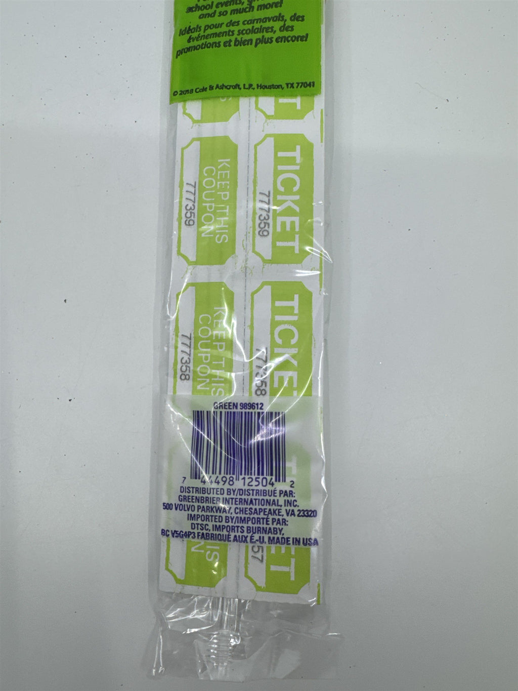 Set Of 250 Raffle Tickets Lime Green Colored New In Plastic