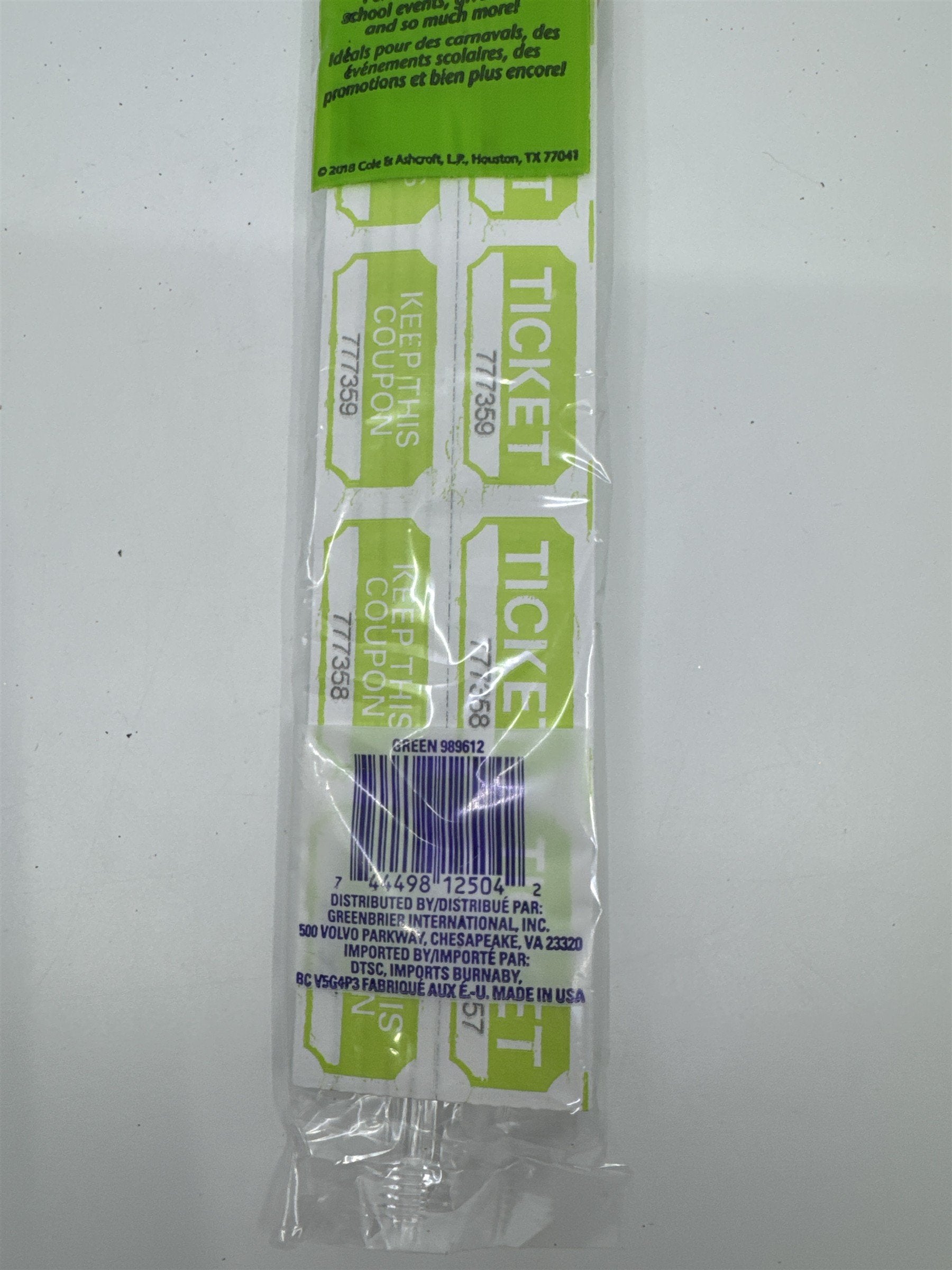 Set Of 250 Raffle Tickets Lime Green Colored New In Plastic