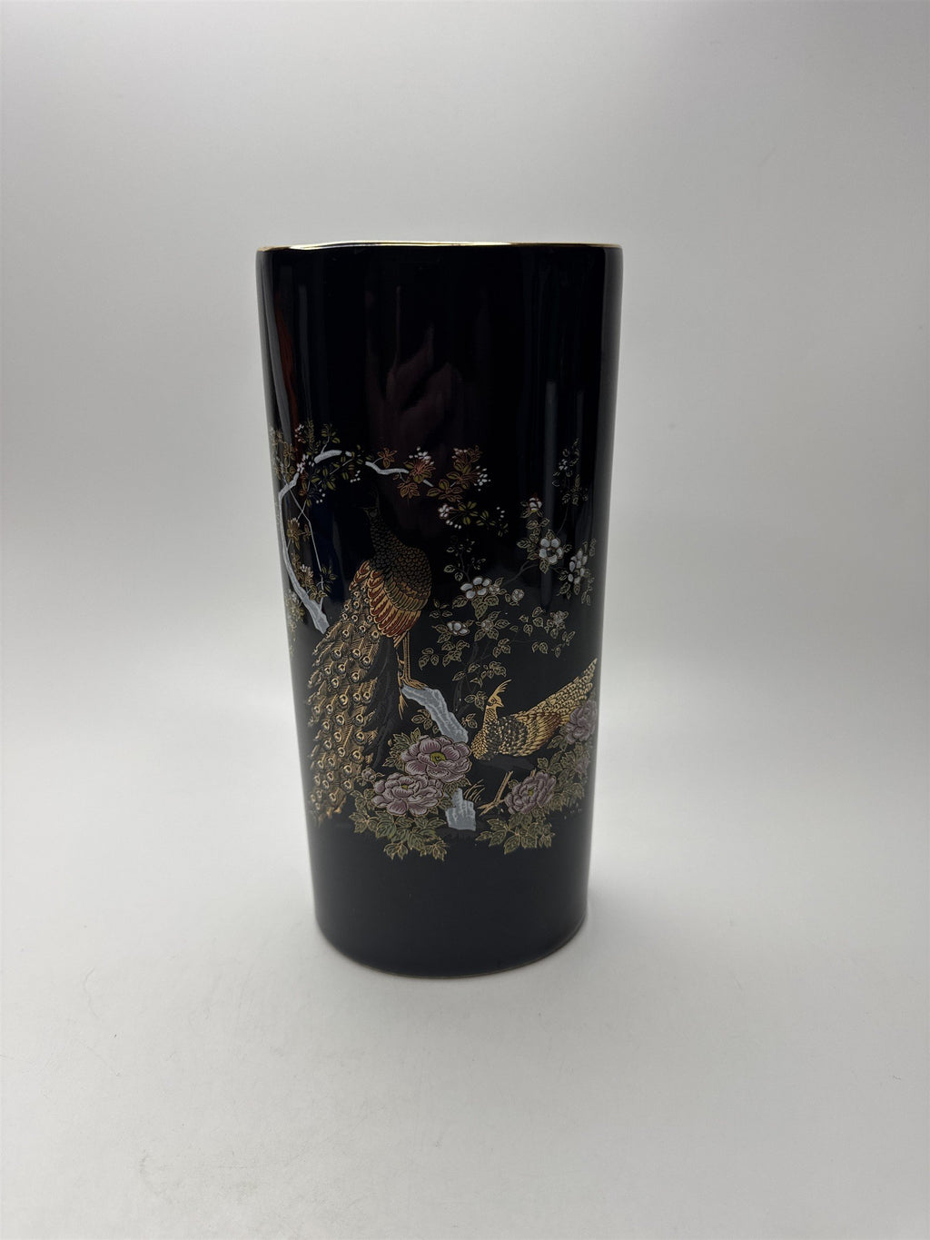 OMC Japan Oval Black Vase Peacocks Gold Accents Floral Tree Scene Table Vase