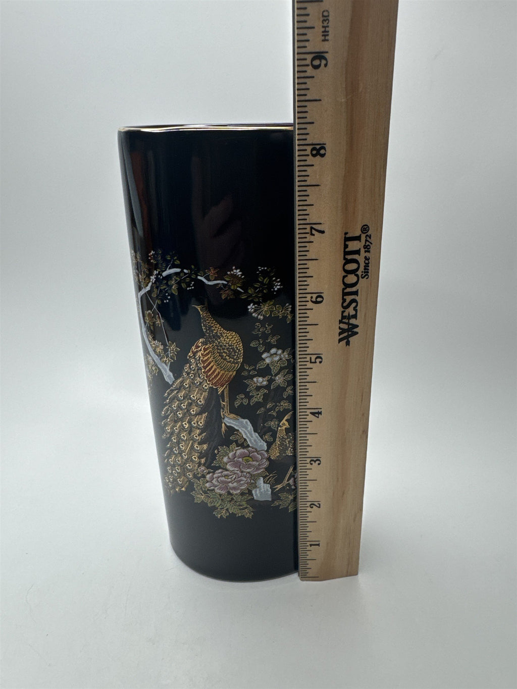 OMC Japan Oval Black Vase Peacocks Gold Accents Floral Tree Scene Table Vase