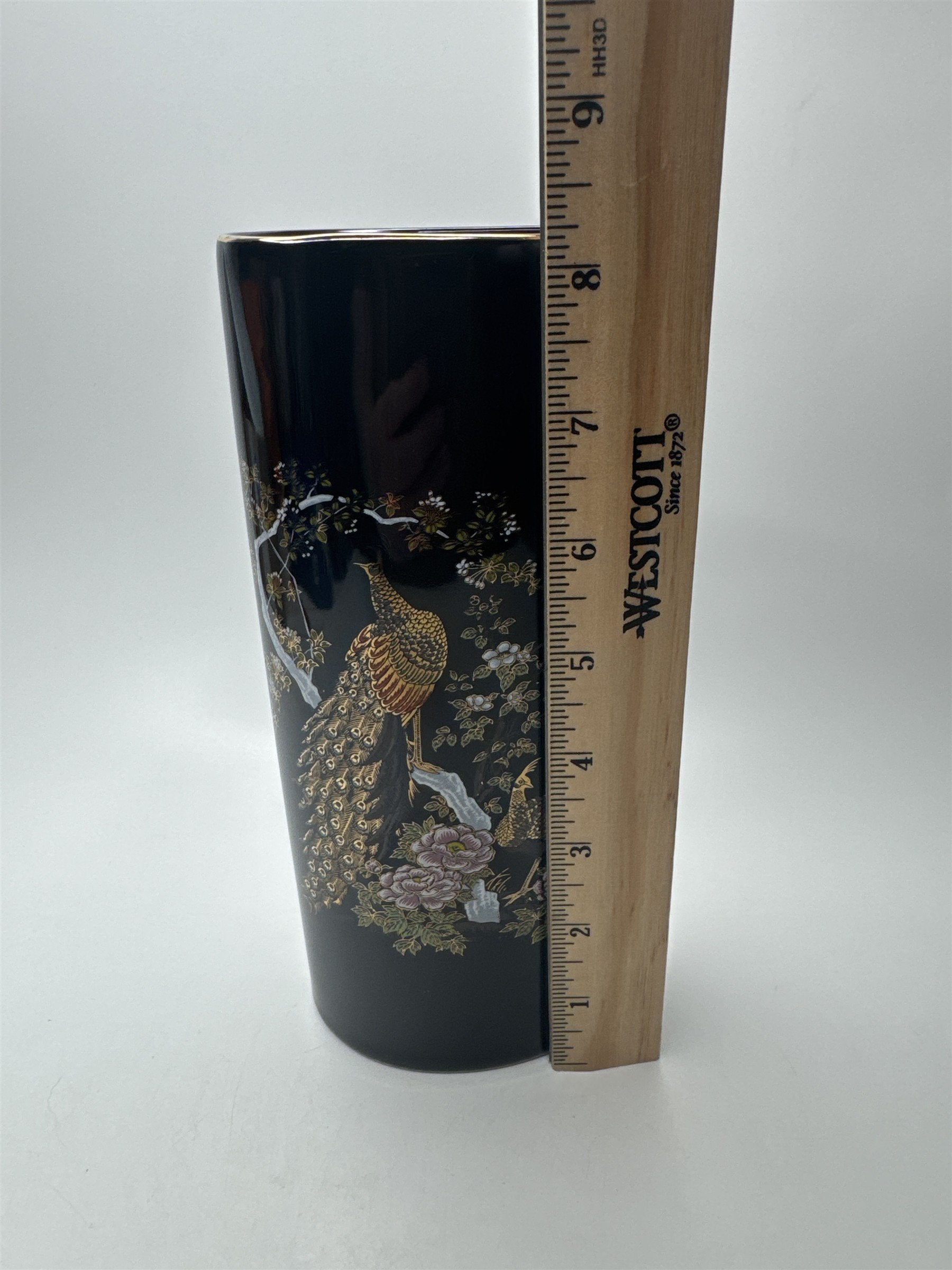 OMC Japan Oval Black Vase Peacocks Gold Accents Floral Tree Scene Table Vase