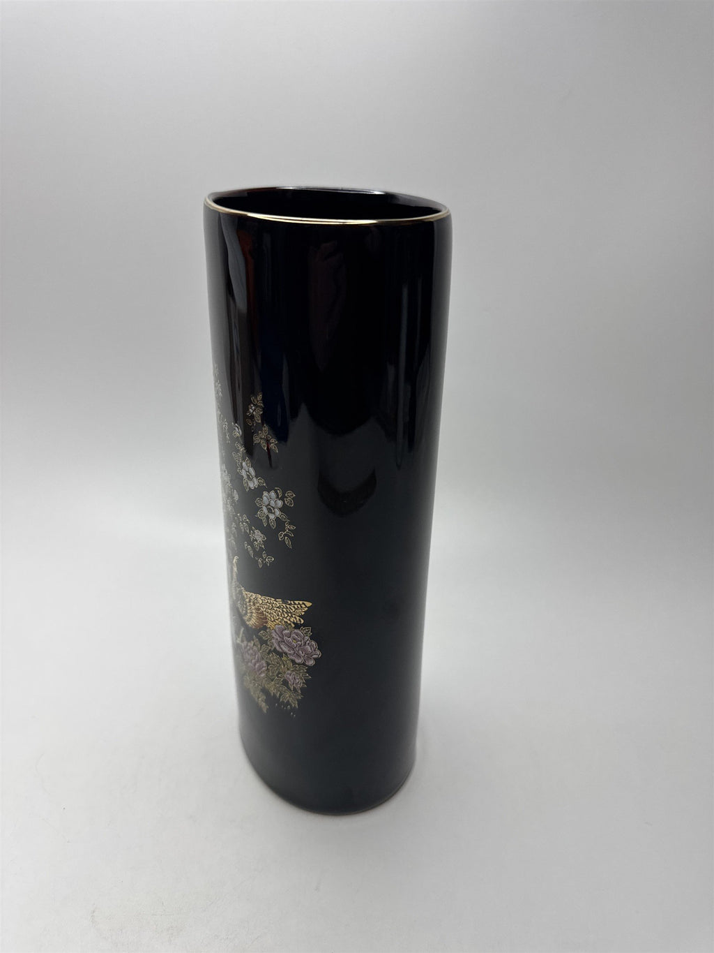 OMC Japan Oval Black Vase Peacocks Gold Accents Floral Tree Scene Table Vase
