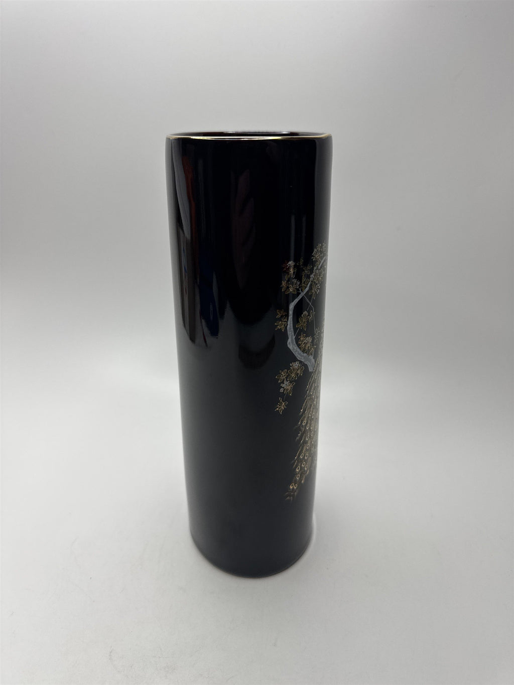 OMC Japan Oval Black Vase Peacocks Gold Accents Floral Tree Scene Table Vase