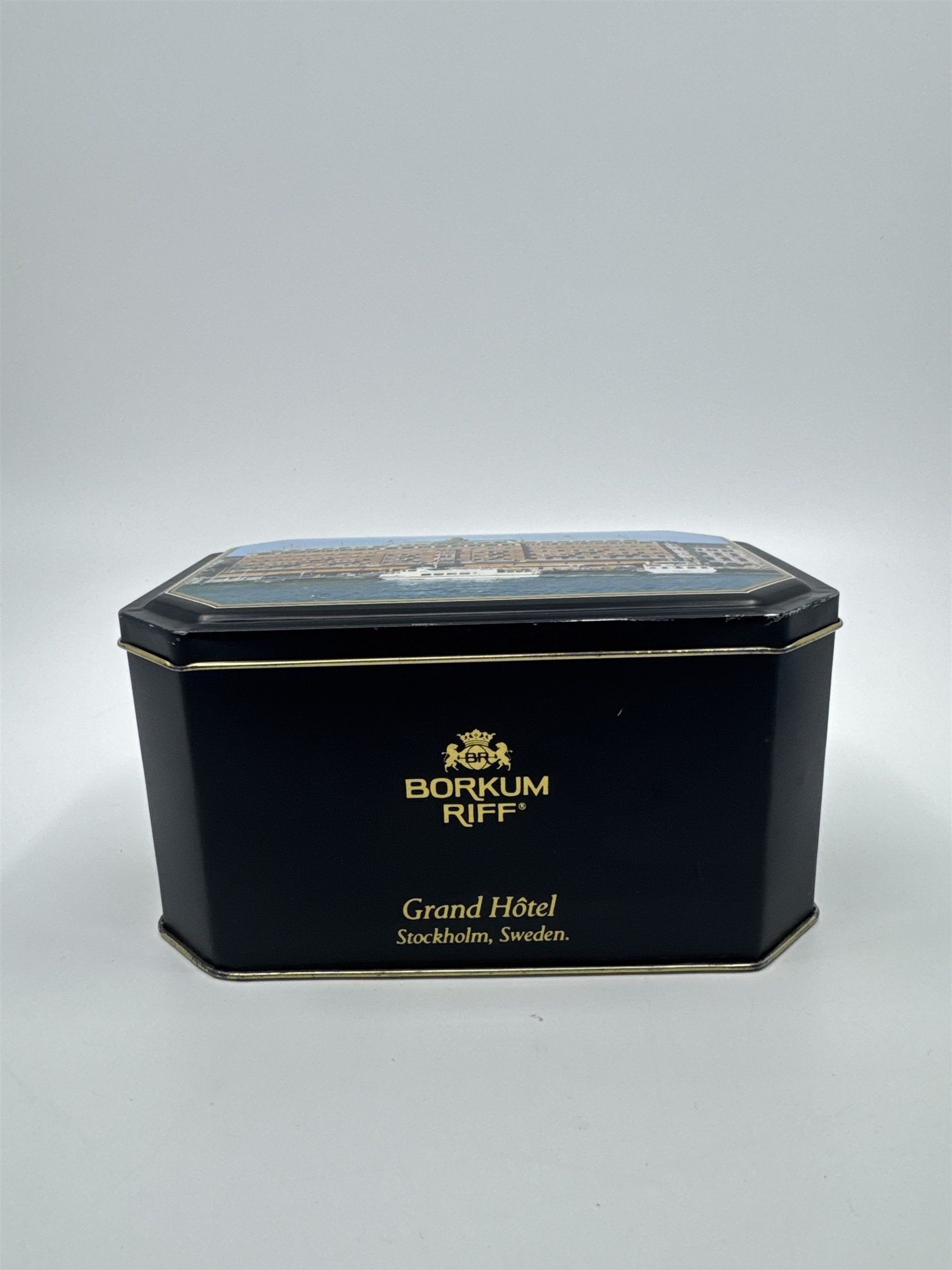 Vtg Borkum Riff Bourbon Whiskey Pipe Tobacco Grand Hotel Sweden Empty Tin