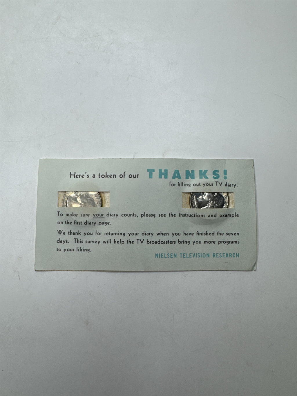 Vintage Nielsen TV Survey Thank You Card /w 2x Washington 1972 Quarters Reward