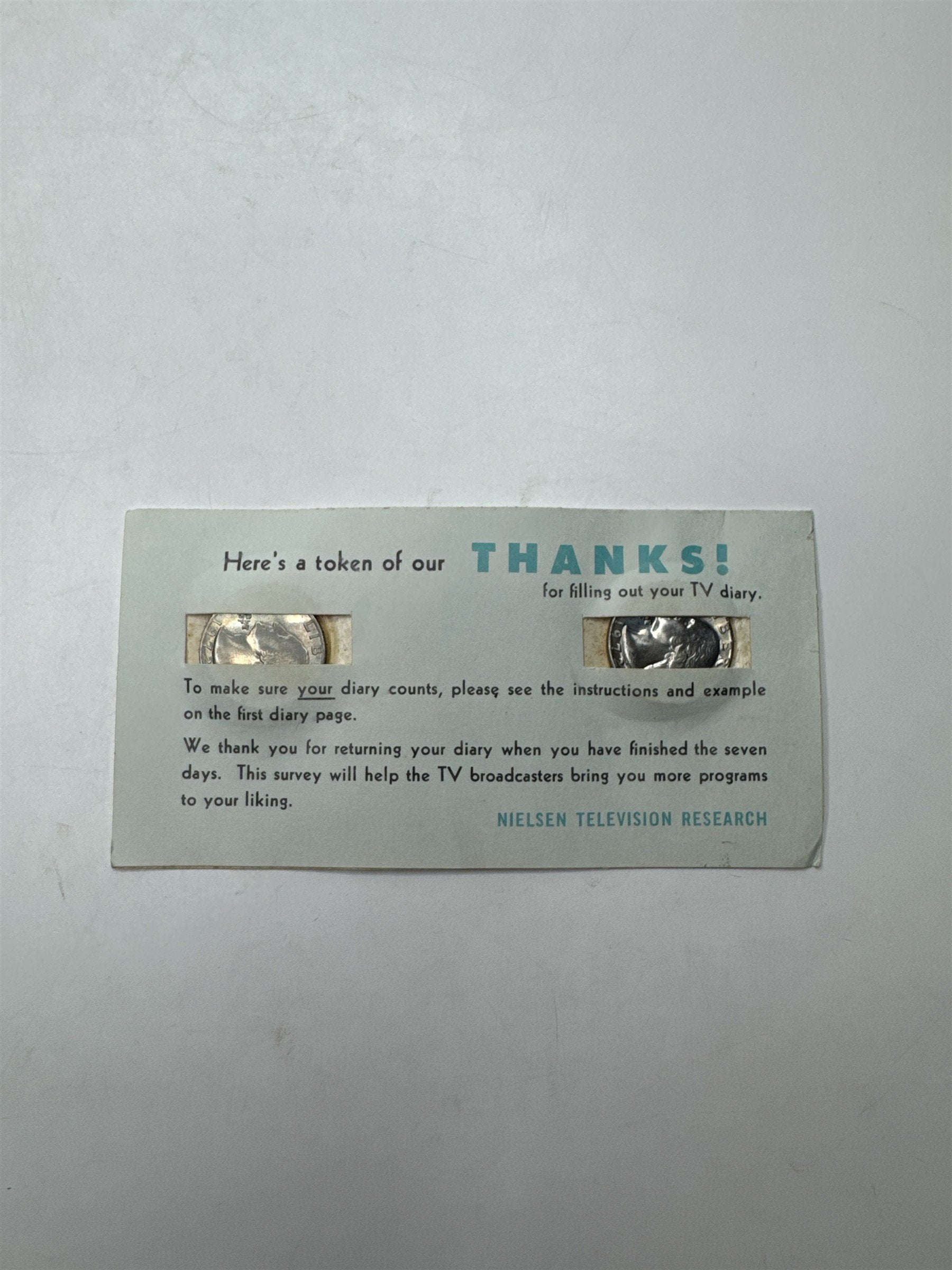 Vintage Nielsen TV Survey Thank You Card /w 2x Washington 1972 Quarters Reward