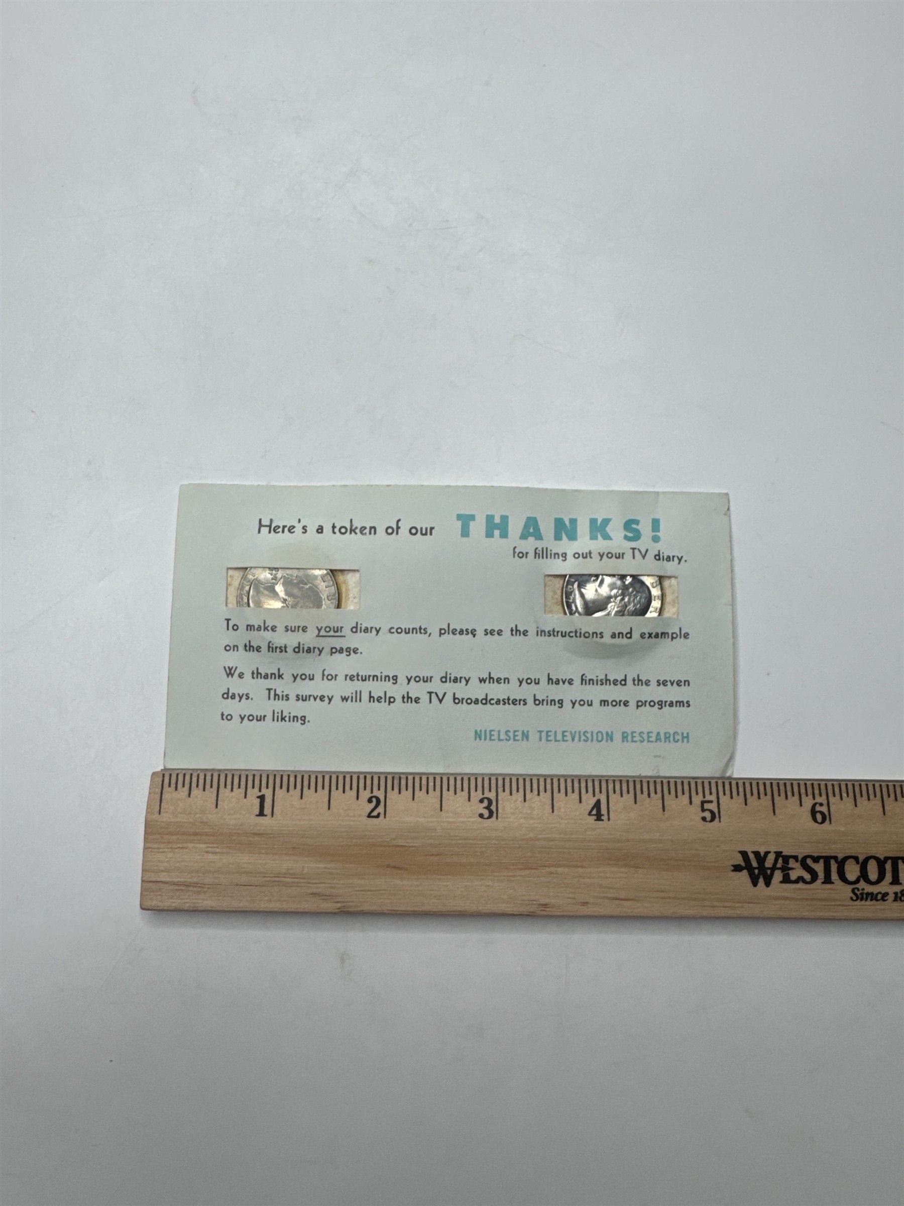 Vintage Nielsen TV Survey Thank You Card /w 2x Washington 1972 Quarters Reward