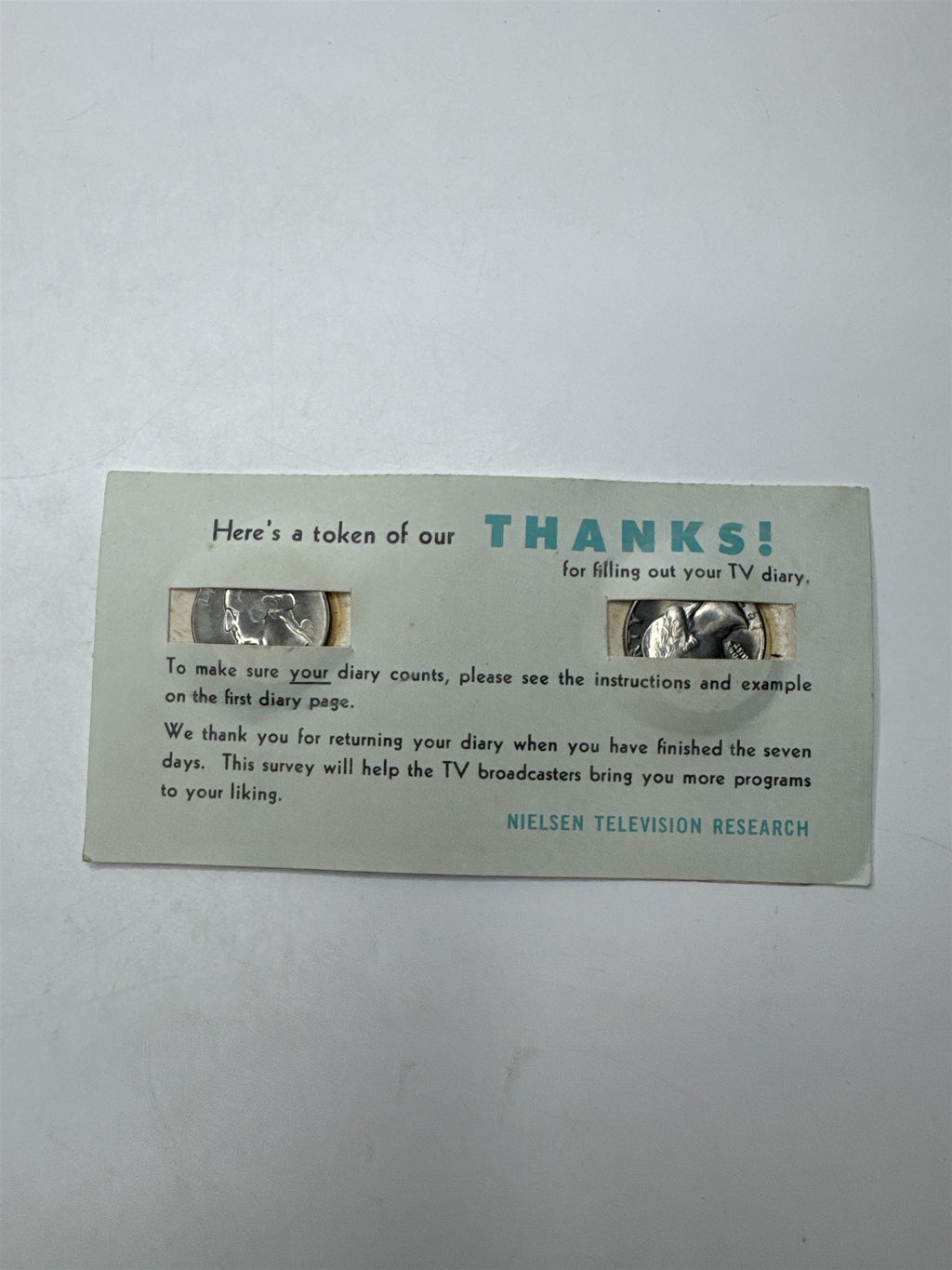 Vintage Nielsen TV Survey Thank You Card /w 2x Washington 1972 Quarters Reward