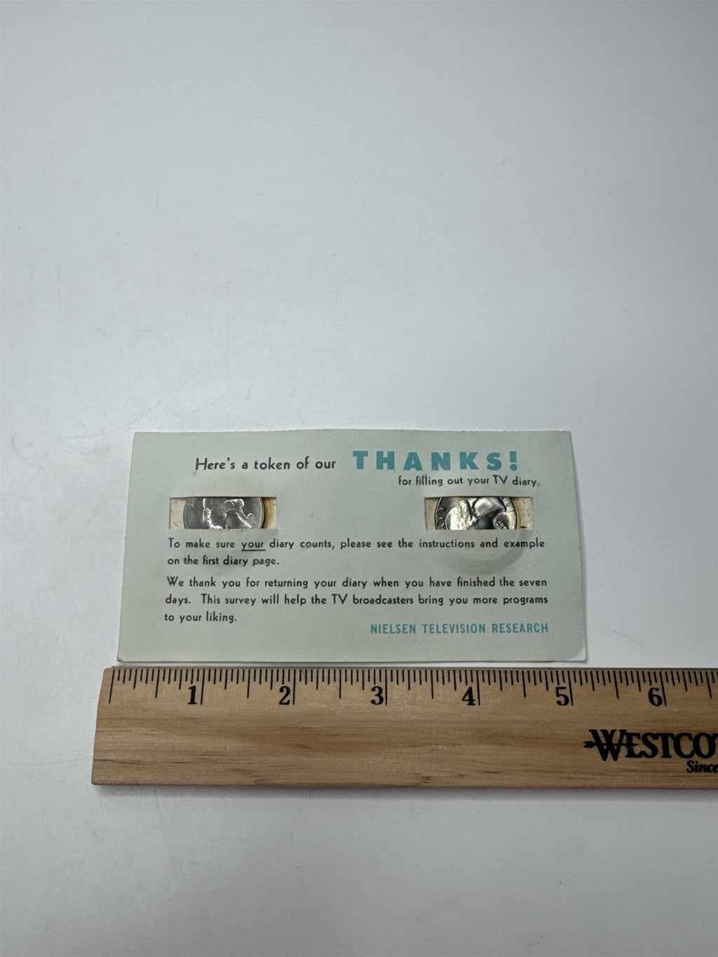 Vintage Nielsen TV Survey Thank You Card /w 2x Washington 1972 Quarters Reward