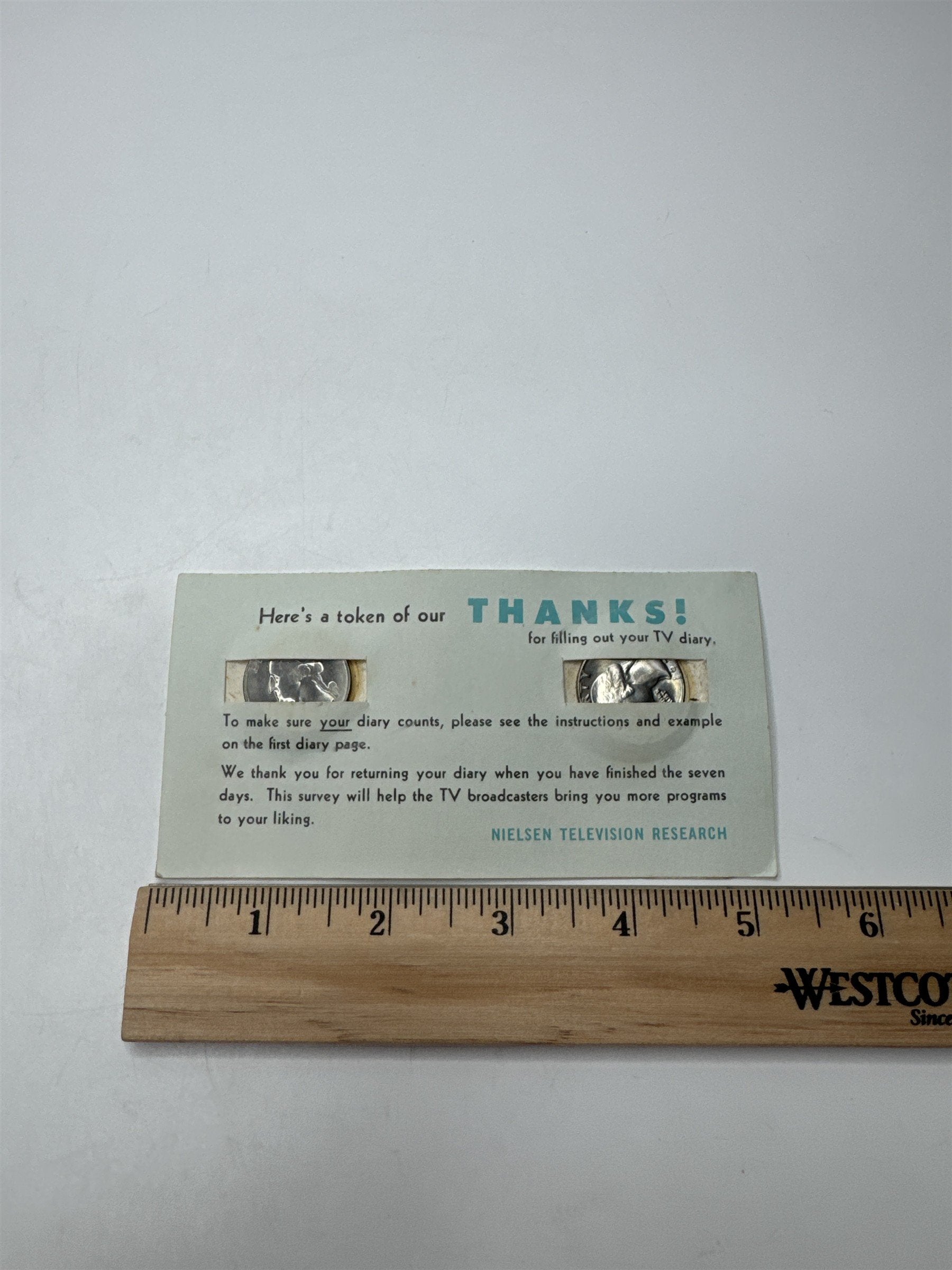 Vintage Nielsen TV Survey Thank You Card /w 2x Washington 1972 Quarters Reward
