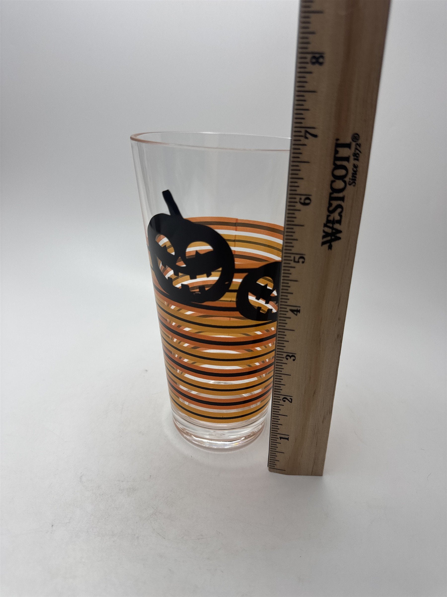 Vintage Hard Plastic Halloween Jack-O-Lantern Pumpkin Tall Drinking Glass Stripe