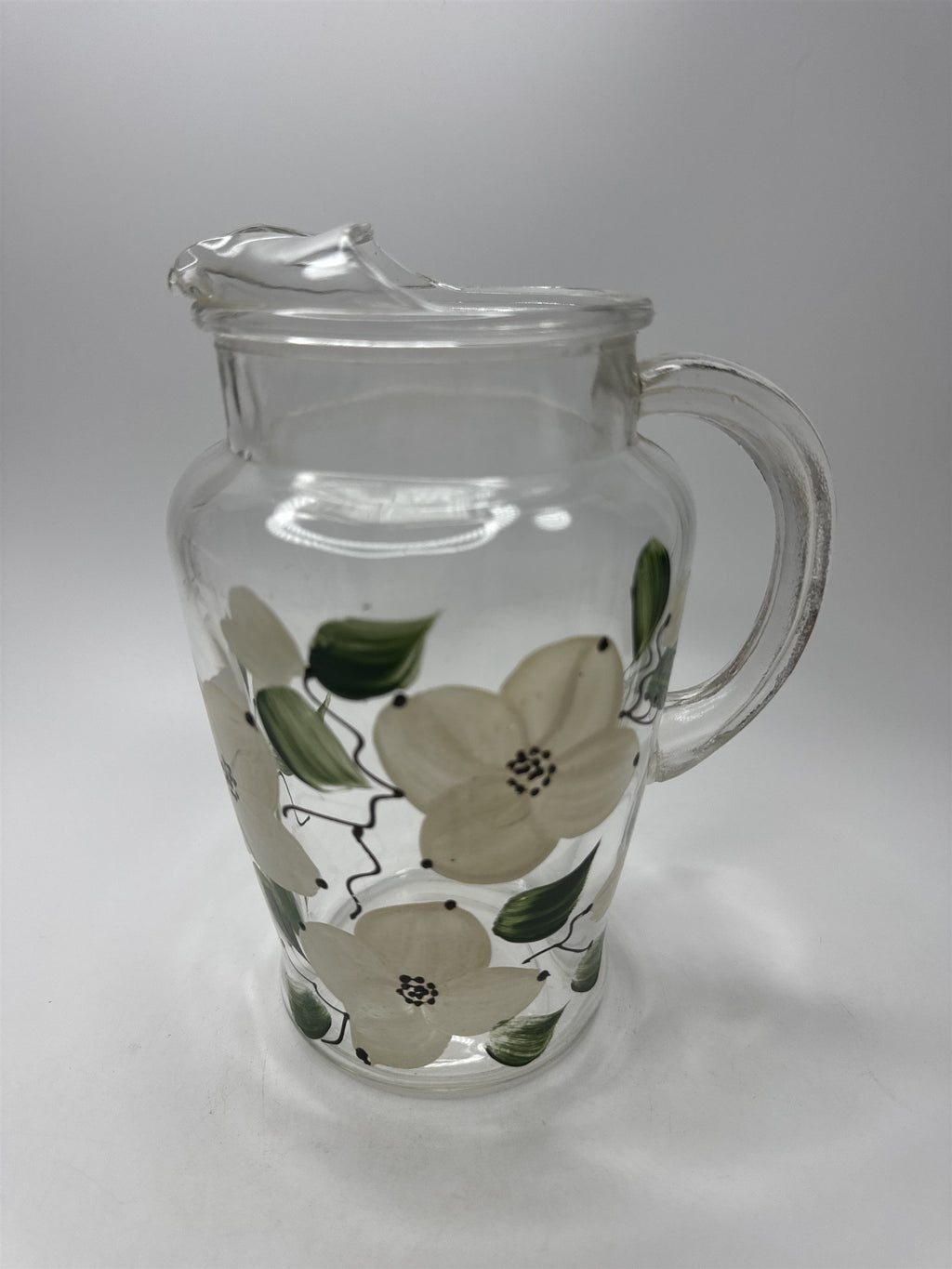 Vintage Anchor Hocking Glass Floral Pattern White Flowers Cottage Pitcher Handle