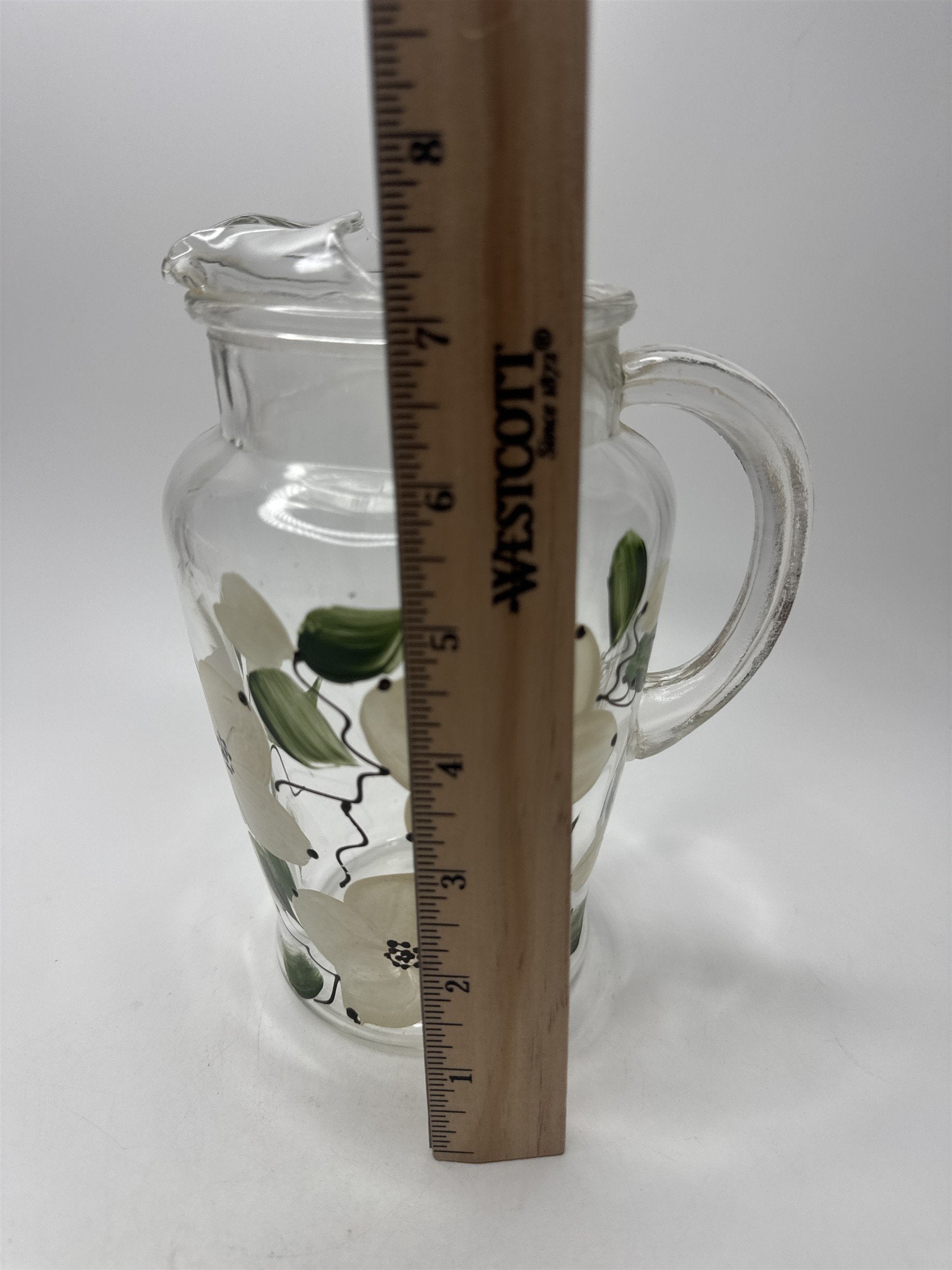 Vintage Anchor Hocking Glass Floral Pattern White Flowers Cottage Pitcher Handle