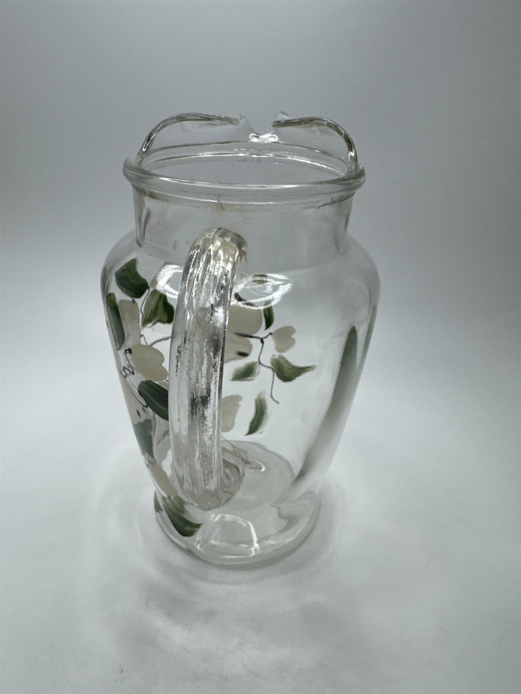 Vintage Anchor Hocking Glass Floral Pattern White Flowers Cottage Pitcher Handle