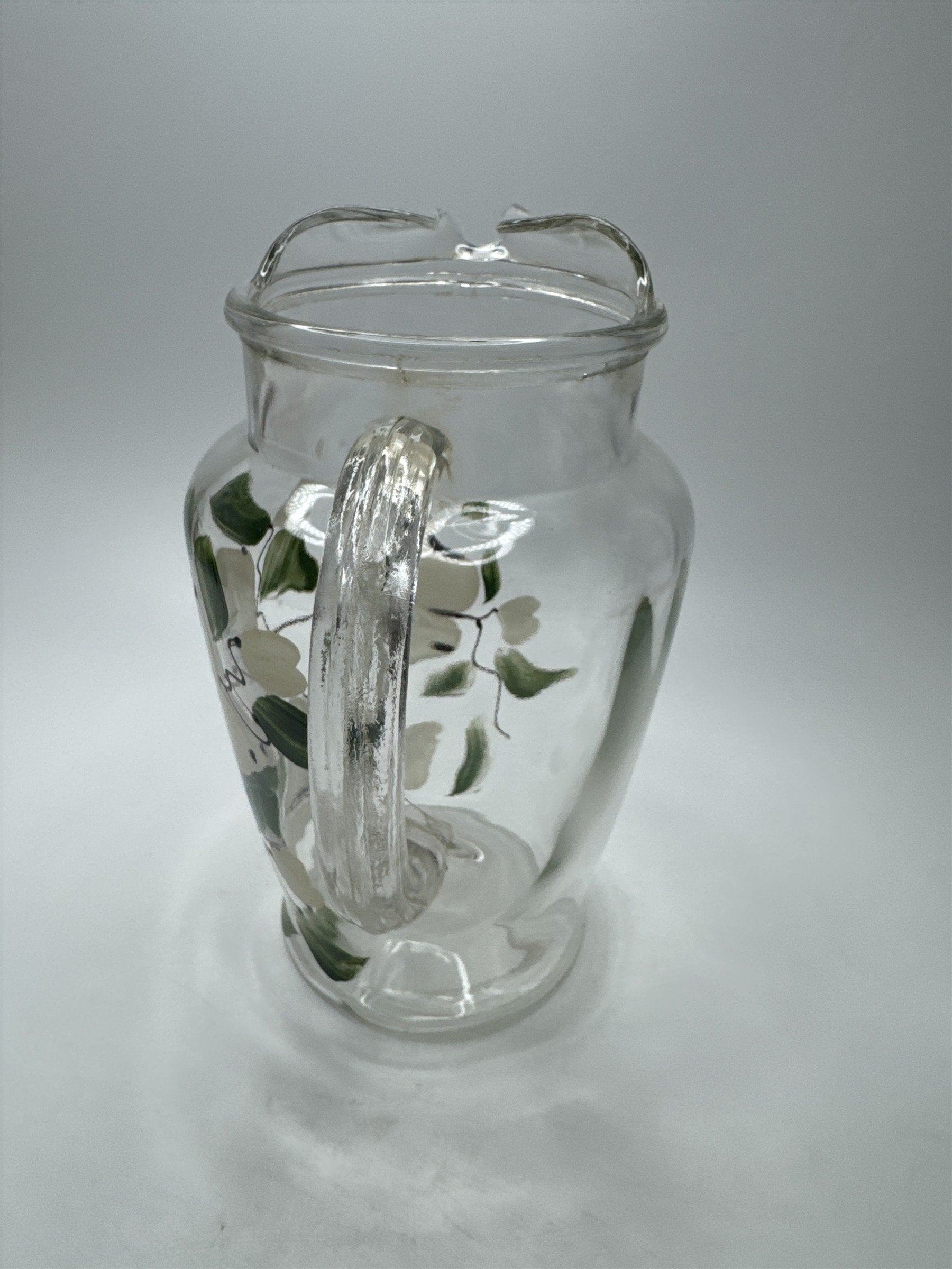 Vintage Anchor Hocking Glass Floral Pattern White Flowers Cottage Pitcher Handle