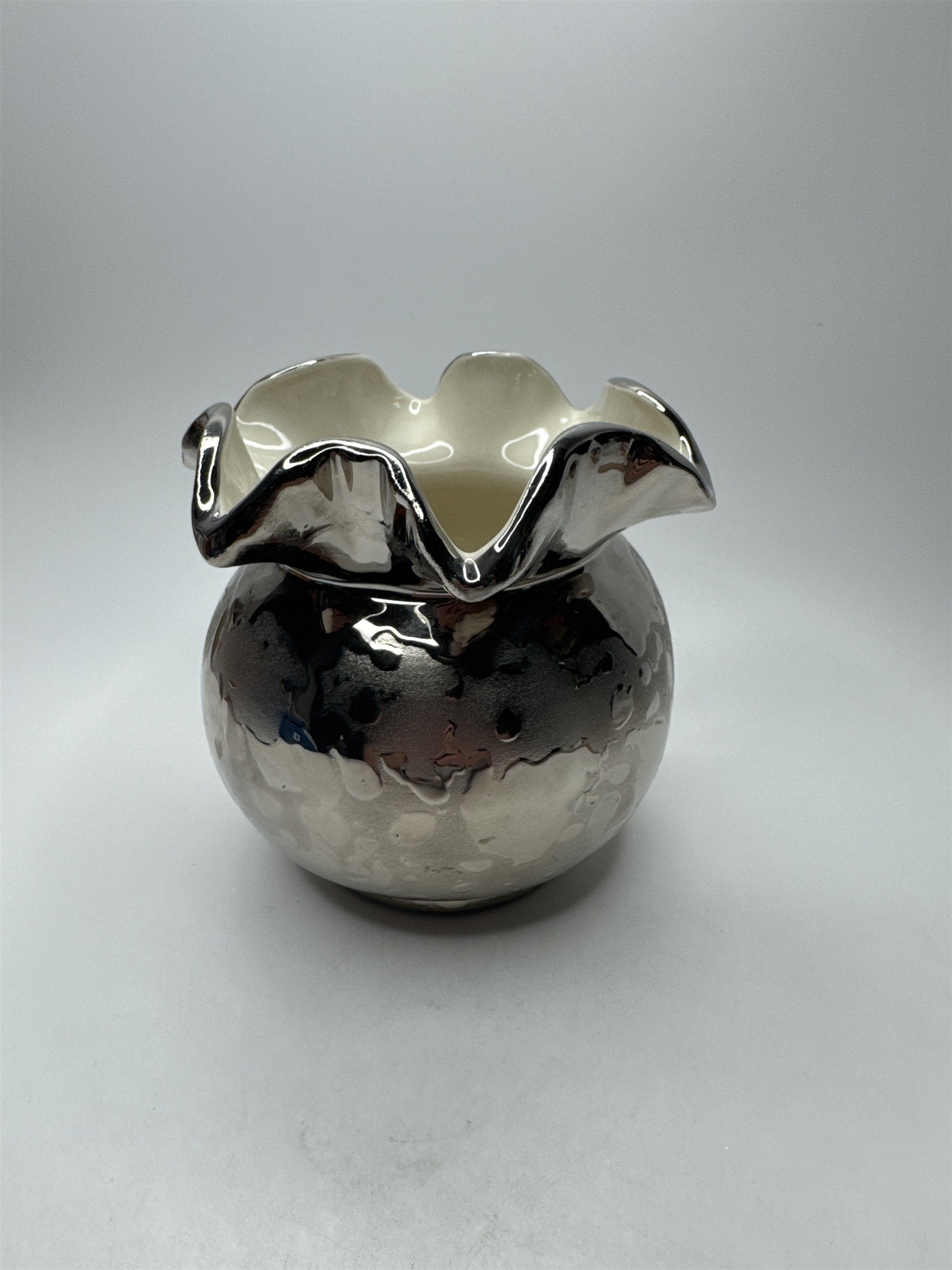 Vintage Ruffled Silver Toned Shiny Vase With Textured Blobs Pattern Cool Retro