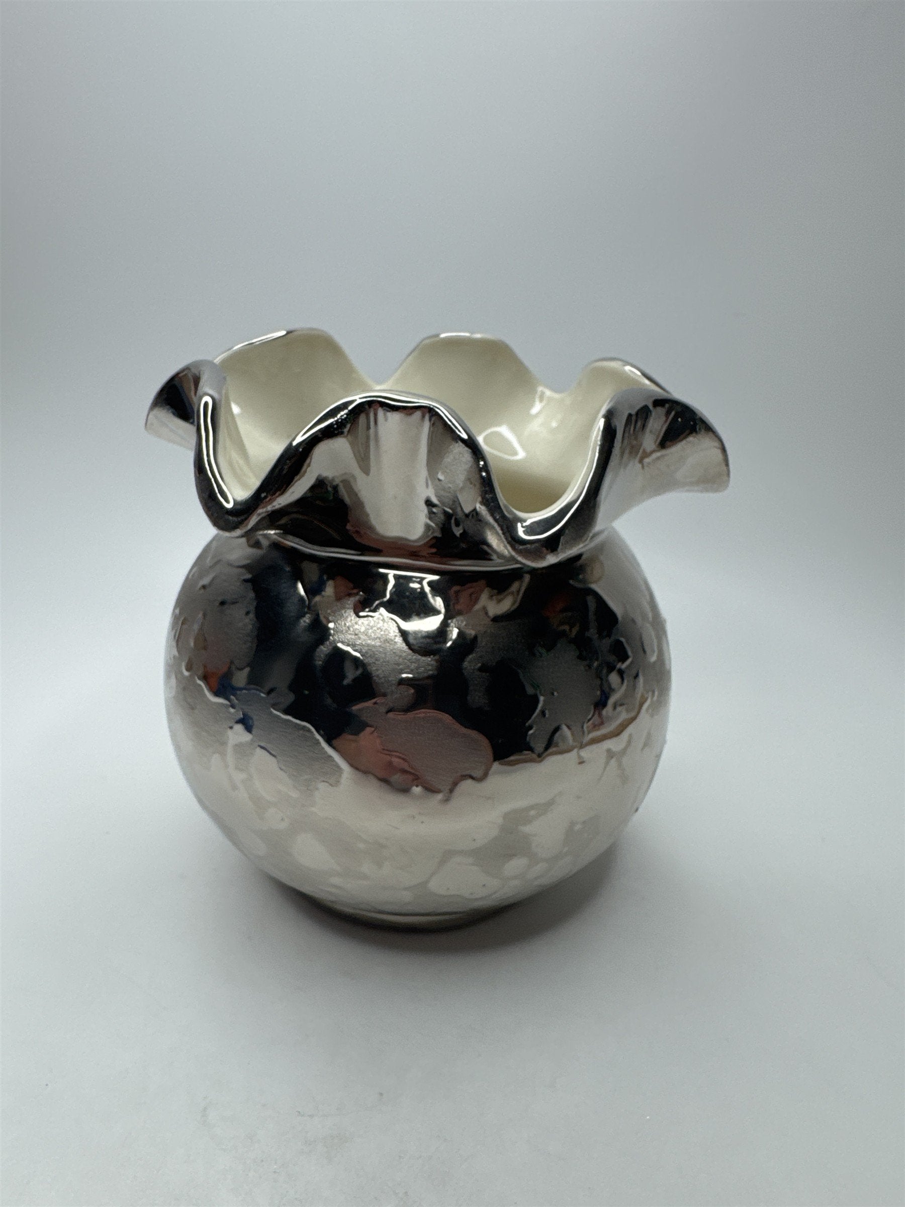 Vintage Ruffled Silver Toned Shiny Vase With Textured Blobs Pattern Cool Retro