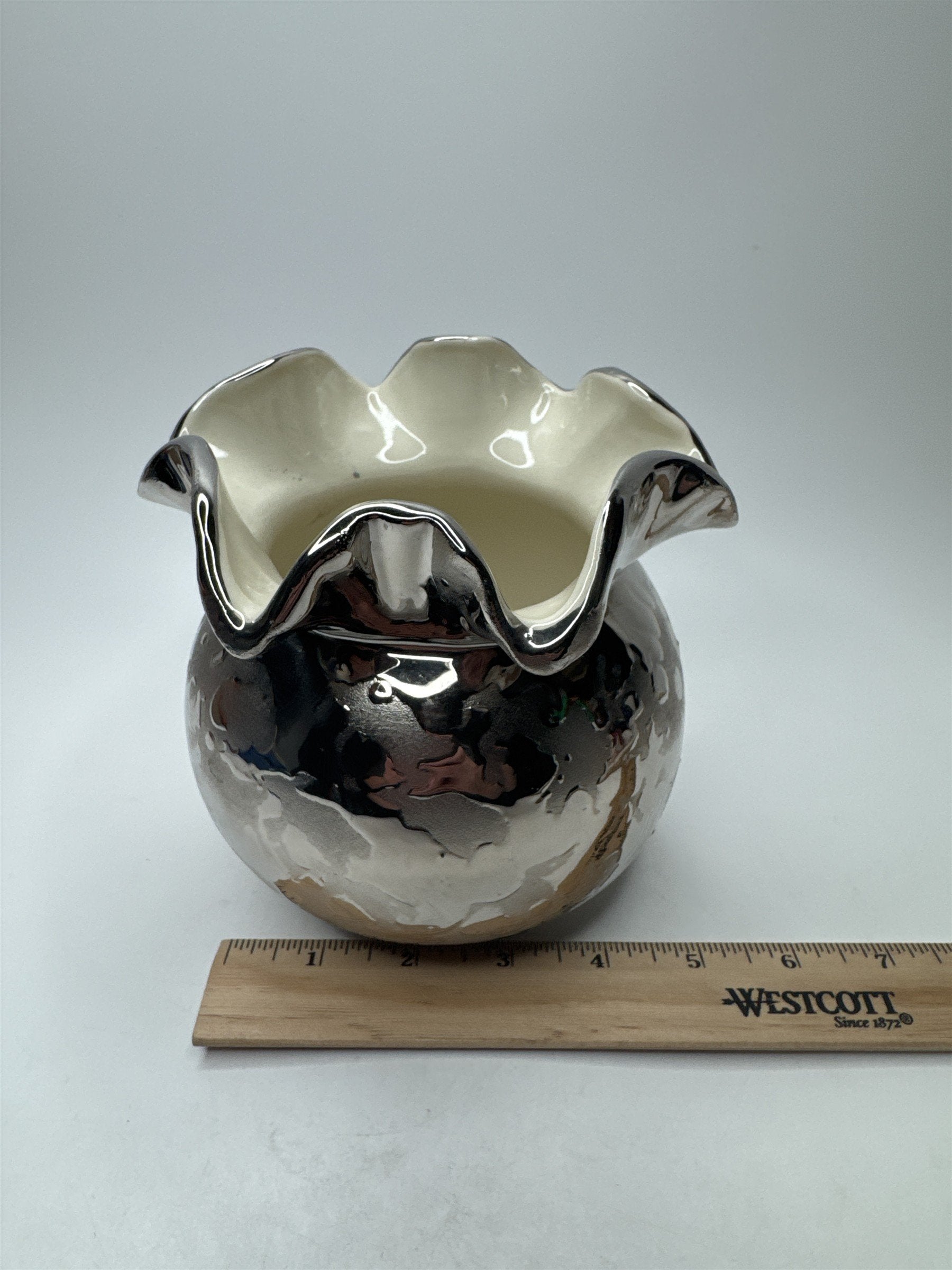 Vintage Ruffled Silver Toned Shiny Vase With Textured Blobs Pattern Cool Retro