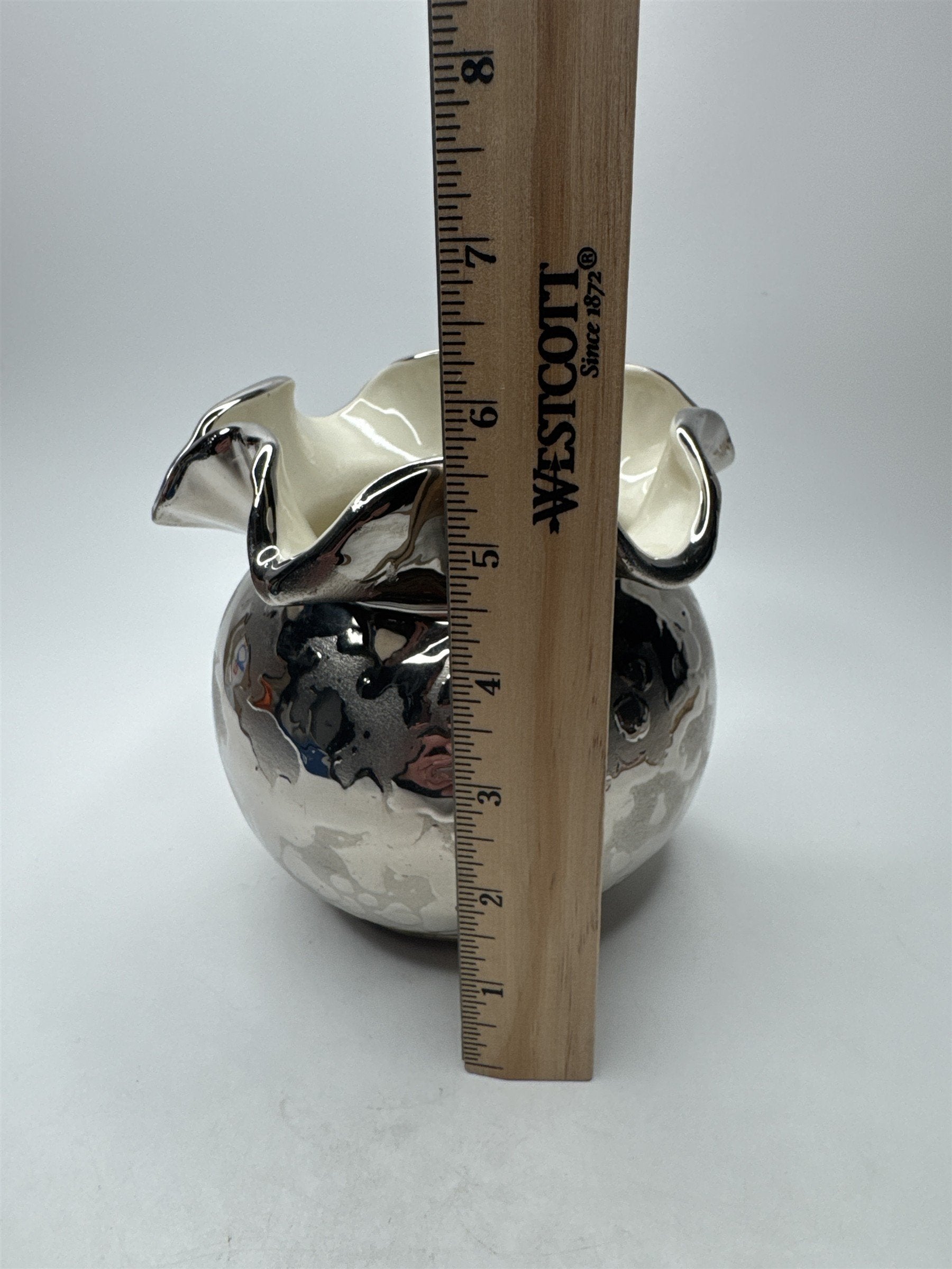 Vintage Ruffled Silver Toned Shiny Vase With Textured Blobs Pattern Cool Retro