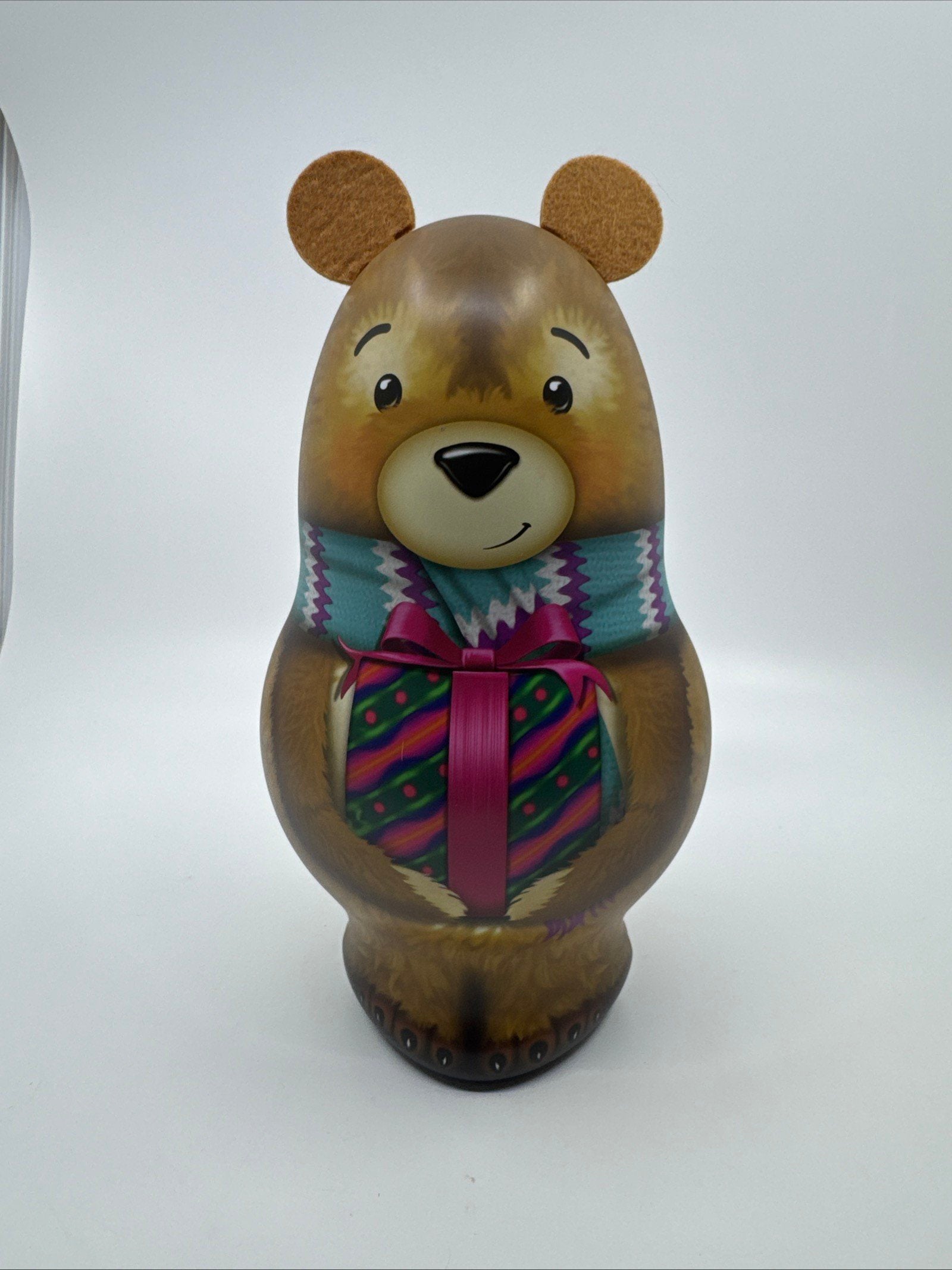 Brown Christmas Teddy Bear Tin/Storage Container W/ Felt Ears Holiday Decor
