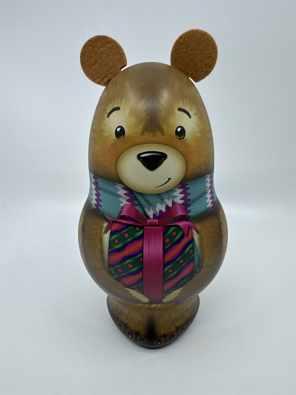 Brown Christmas Teddy Bear Tin/Storage Container W/ Felt Ears Holiday Decor