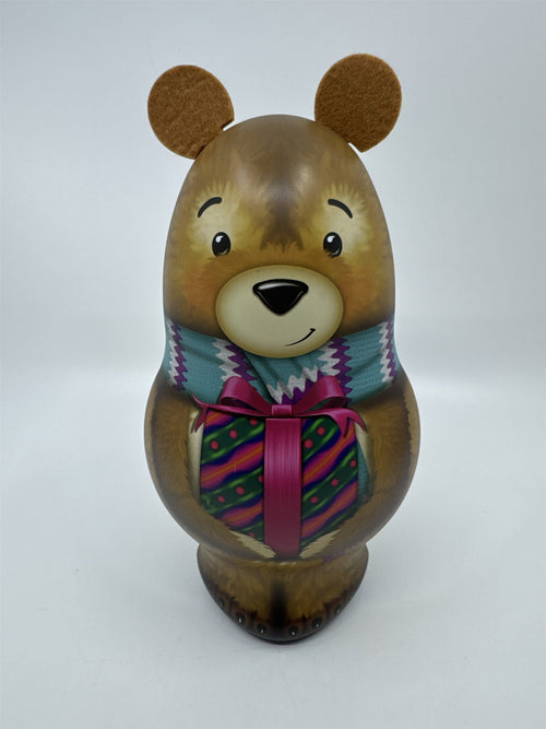 Brown Christmas Teddy Bear Tin/Storage Container W/ Felt Ears Holiday Decor