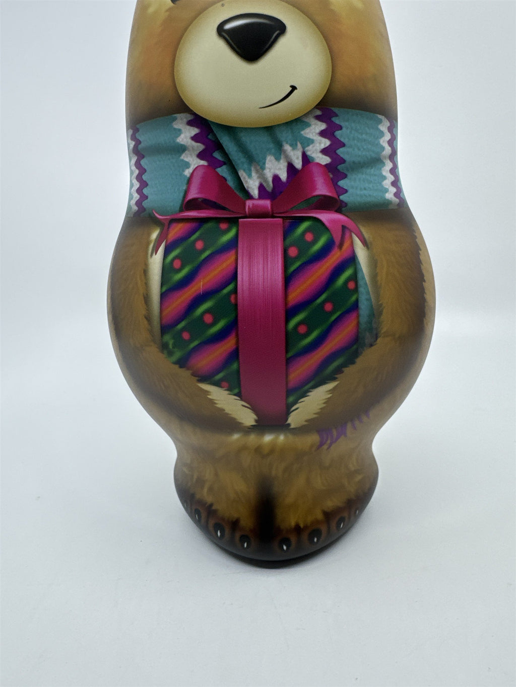 Brown Christmas Teddy Bear Tin/Storage Container W/ Felt Ears Holiday Decor