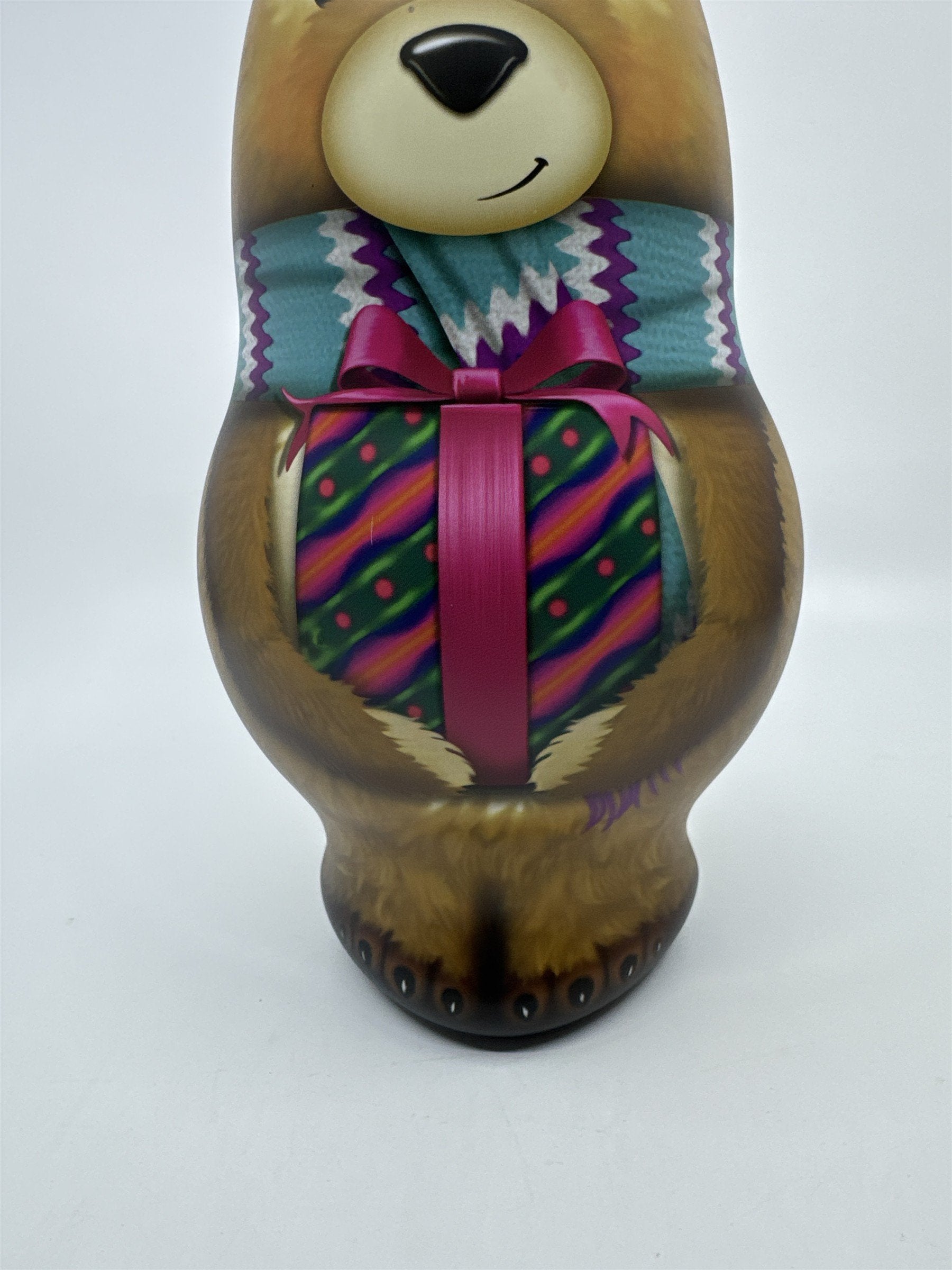 Brown Christmas Teddy Bear Tin/Storage Container W/ Felt Ears Holiday Decor