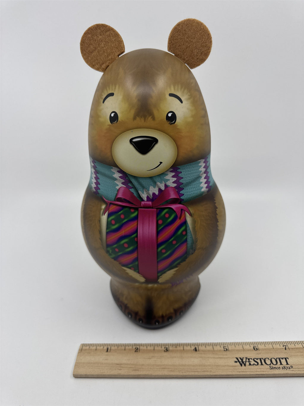 Brown Christmas Teddy Bear Tin/Storage Container W/ Felt Ears Holiday Decor
