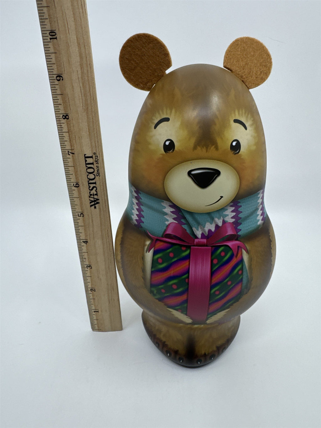 Brown Christmas Teddy Bear Tin/Storage Container W/ Felt Ears Holiday Decor