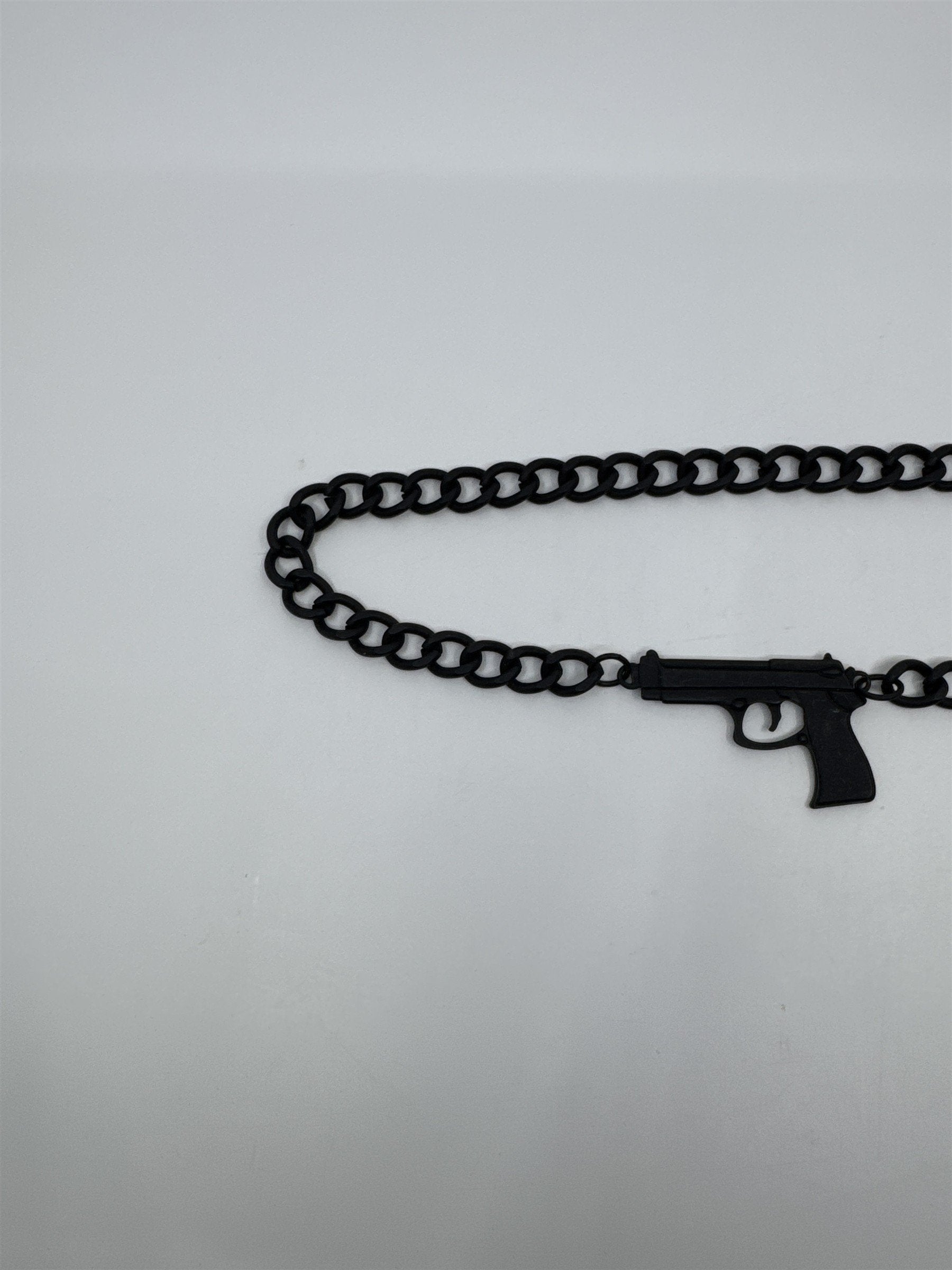 Black Gothic Long Metal Wallet Chain W/ Gun Emblem Fashion Chain